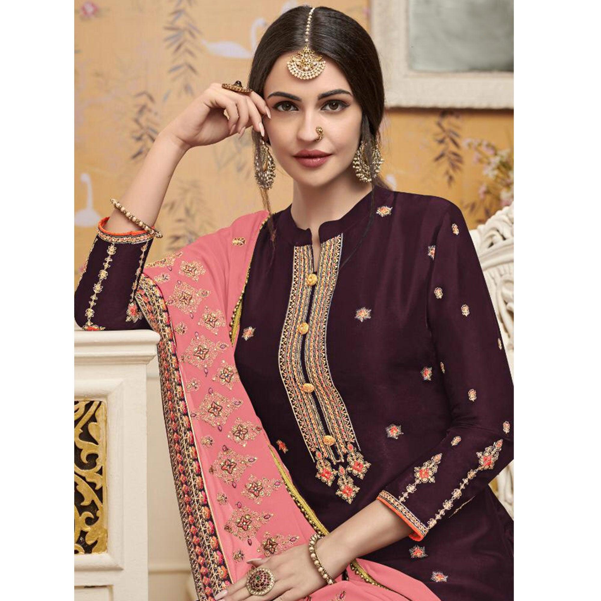 Pleasance Purple Colored Partywear Embroidered Crepe Palazzo Suit - Peachmode