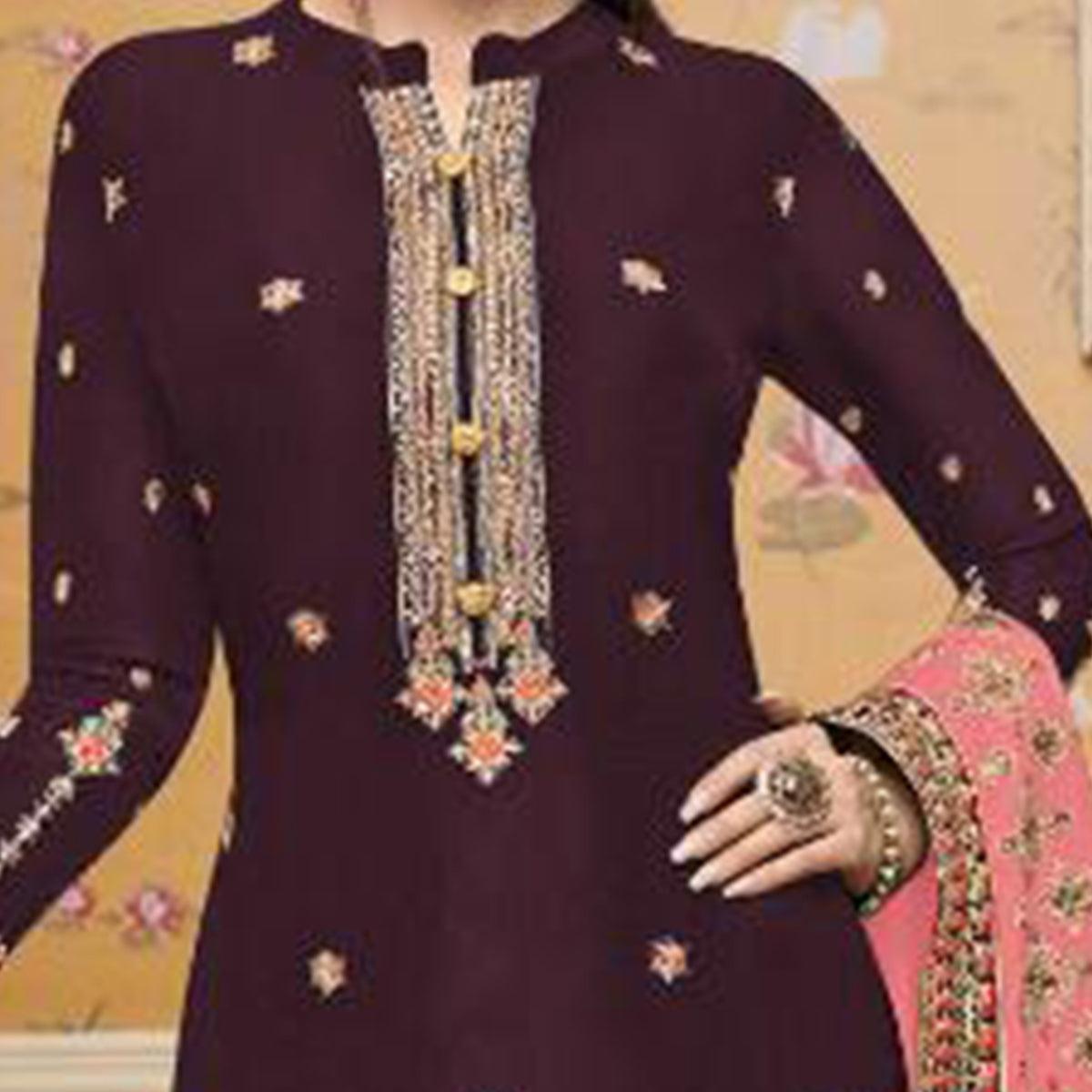 Pleasance Purple Colored Partywear Embroidered Crepe Palazzo Suit - Peachmode