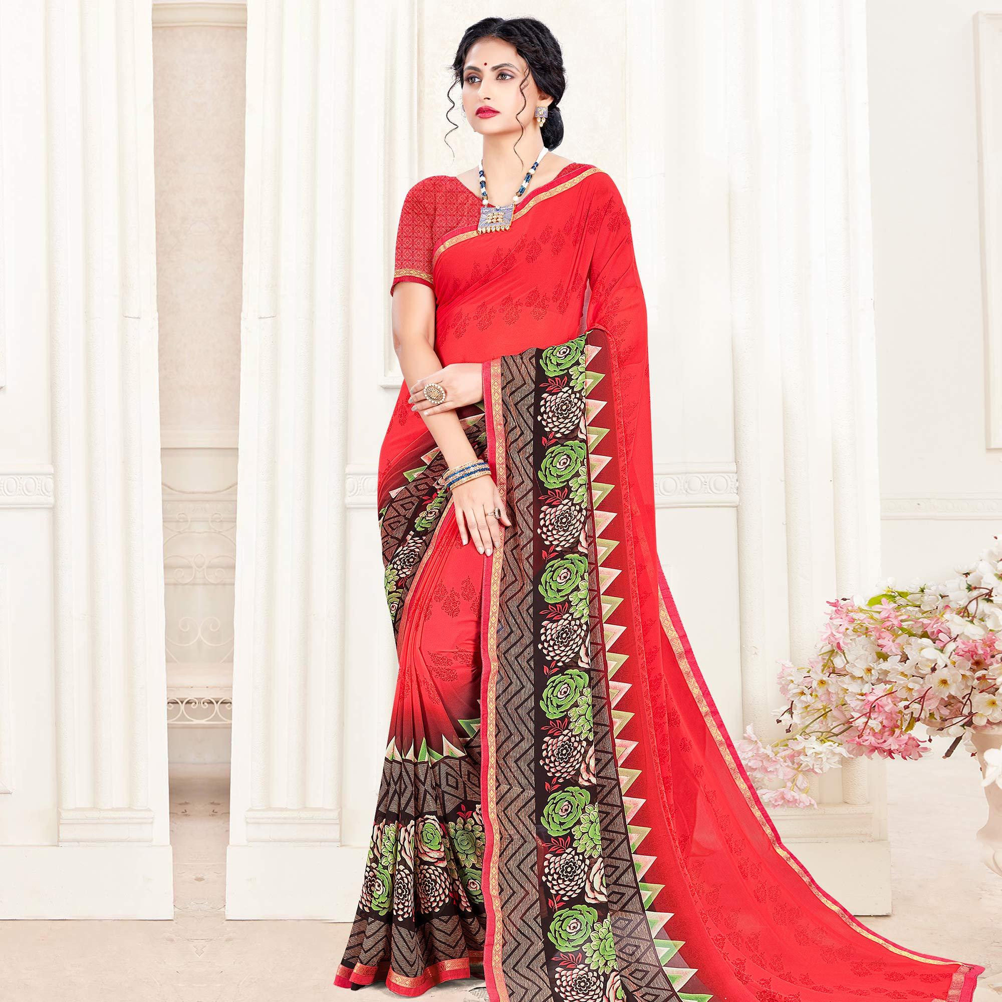 Pleasance Red Colored Casual Wear Printed Georgette Saree - Peachmode