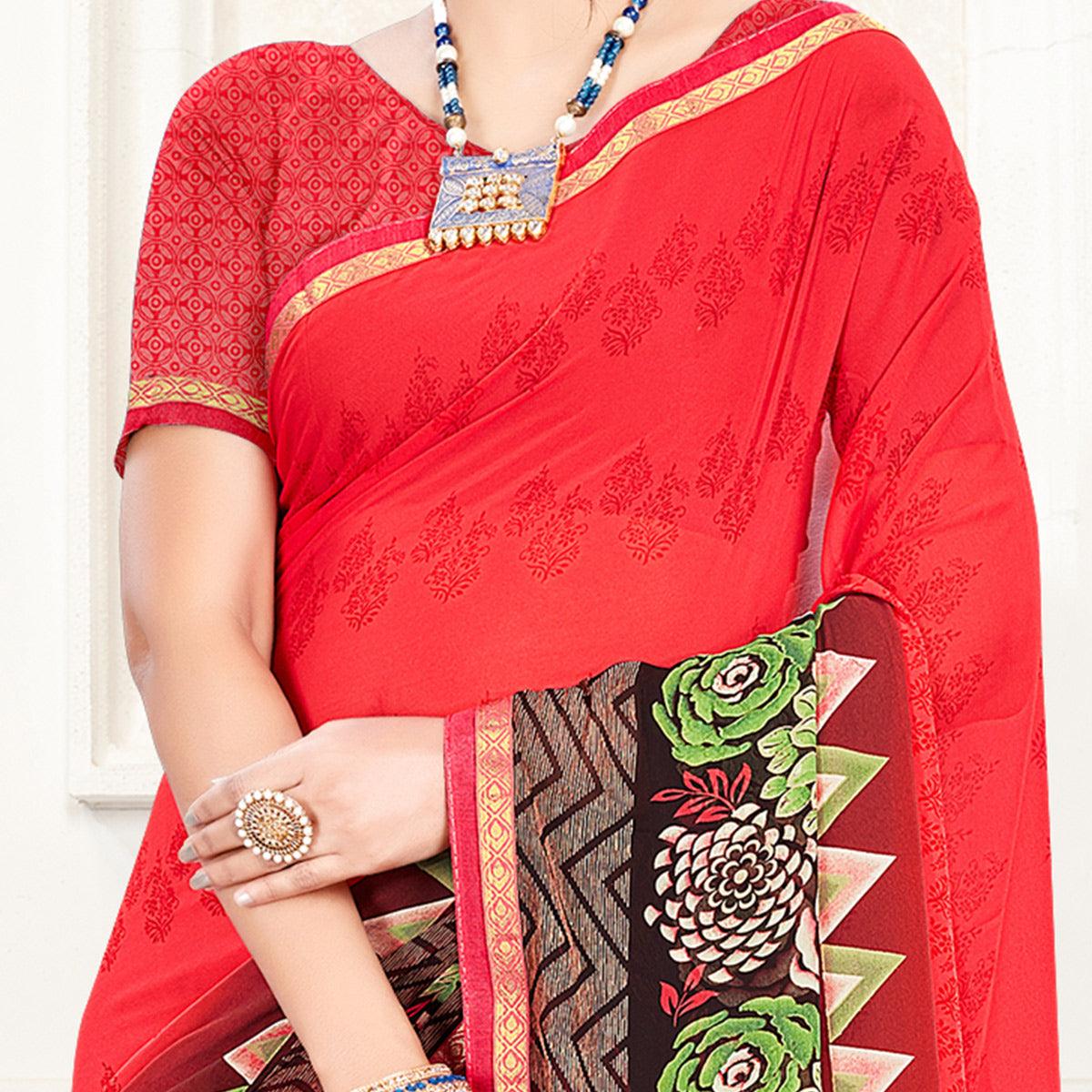 Pleasance Red Colored Casual Wear Printed Georgette Saree - Peachmode