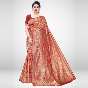 Pleasance Red Colored Festive Wear Woven Silk Blend Saree - Peachmode