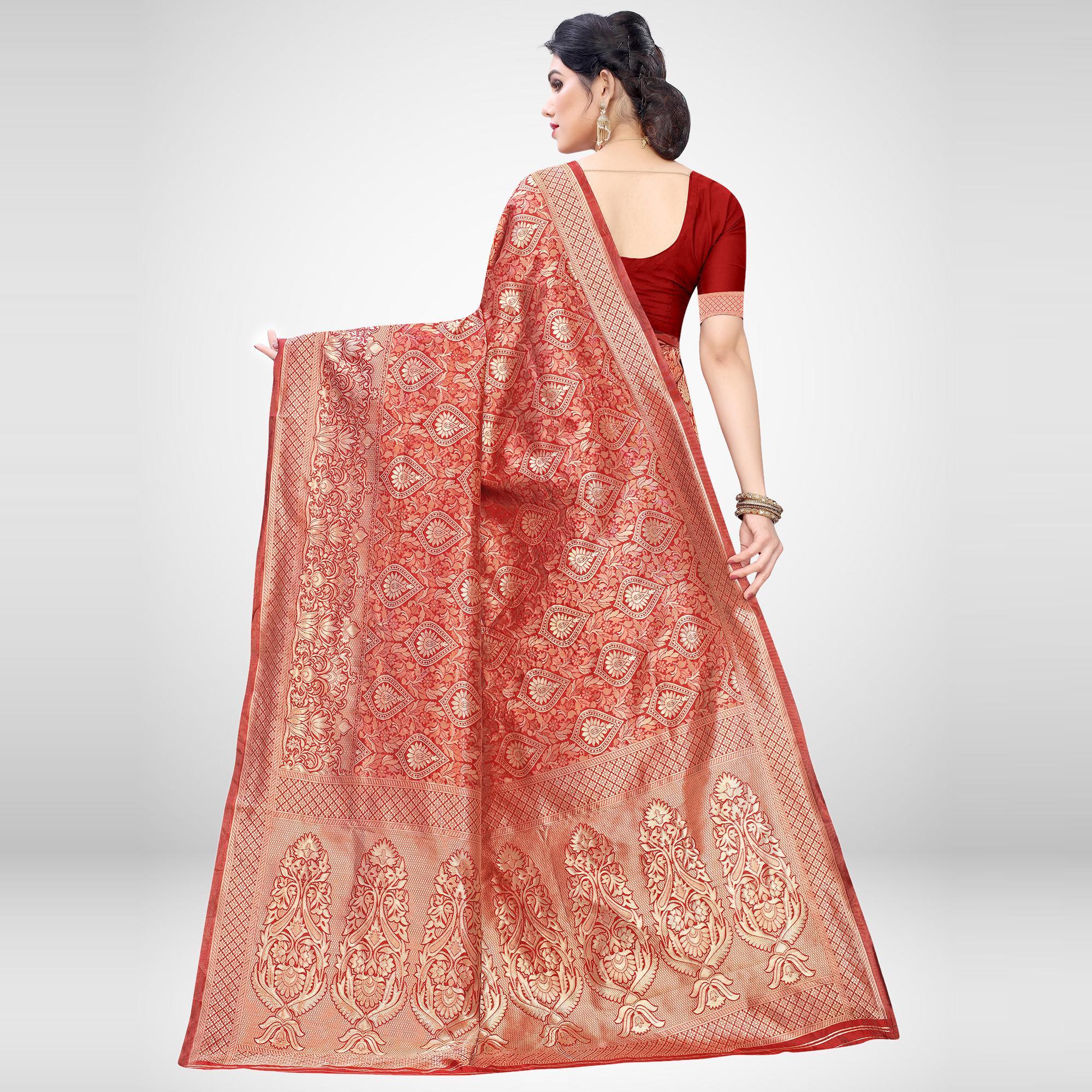 Pleasance Red Colored Festive Wear Woven Silk Blend Saree - Peachmode
