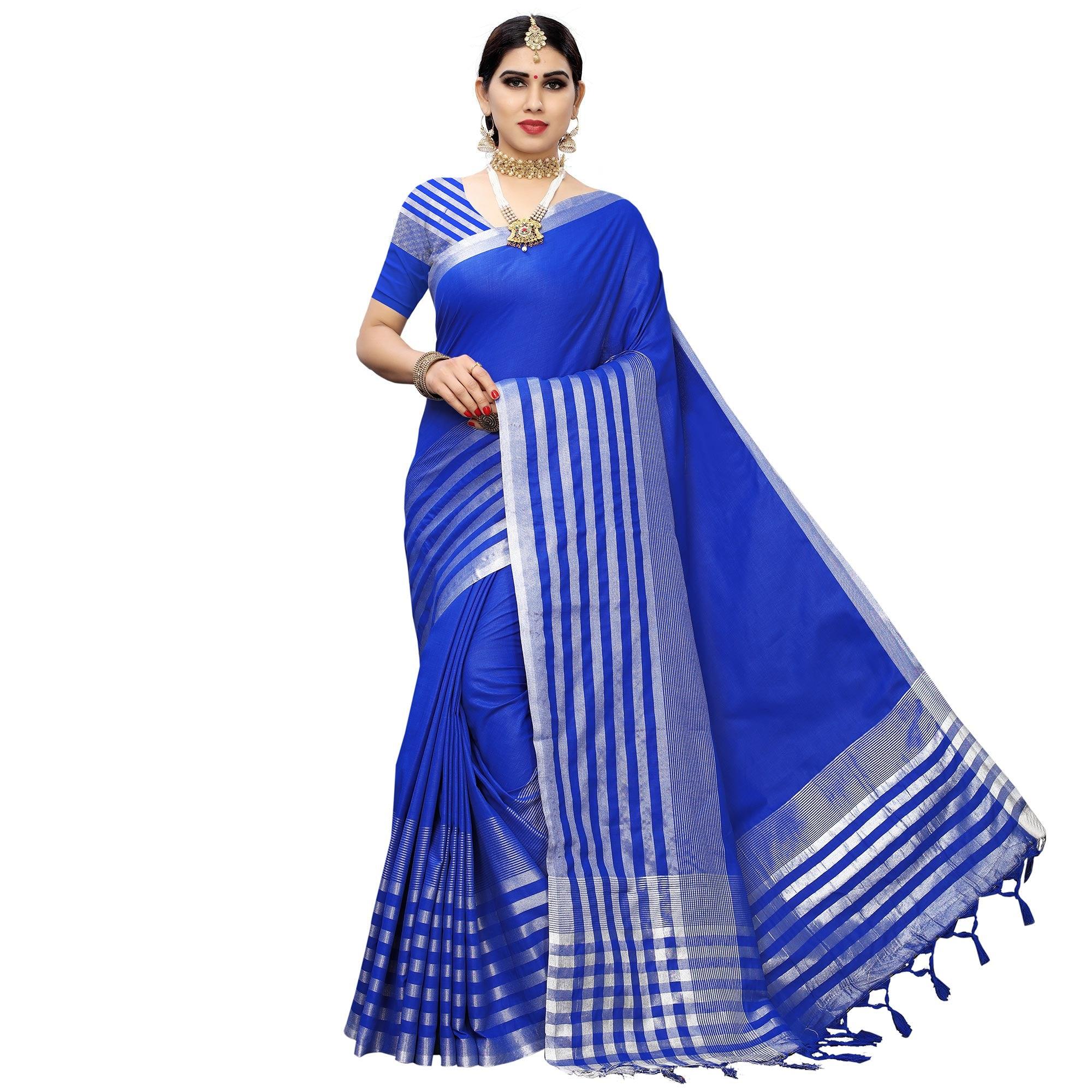 Pleasance Royal Blue Colored Casual Printed Cotton Silk Saree With Tassels - Peachmode