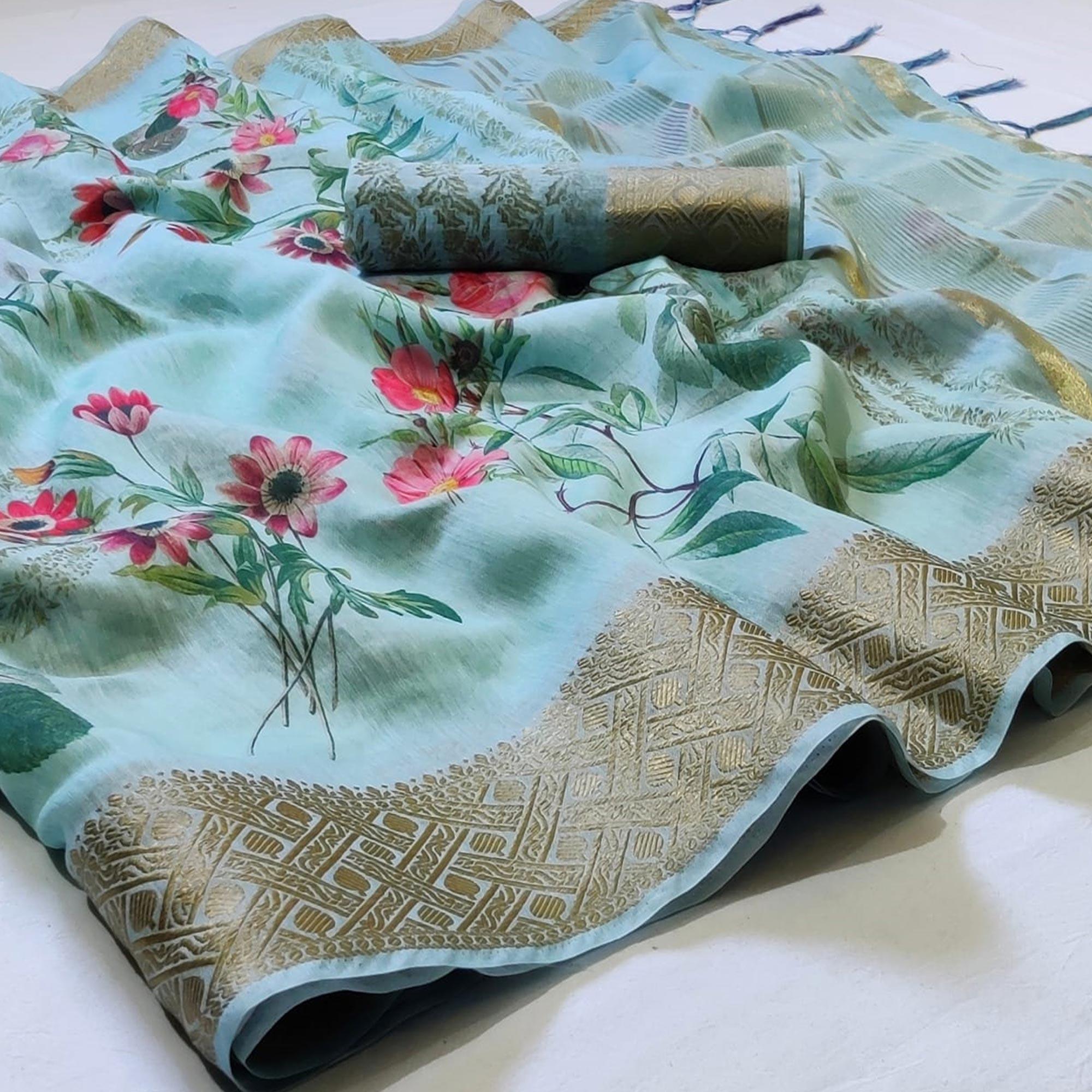 Pleasance Sky Blue Colored Festive Wear Woven Banarasi Silk Saree - Peachmode