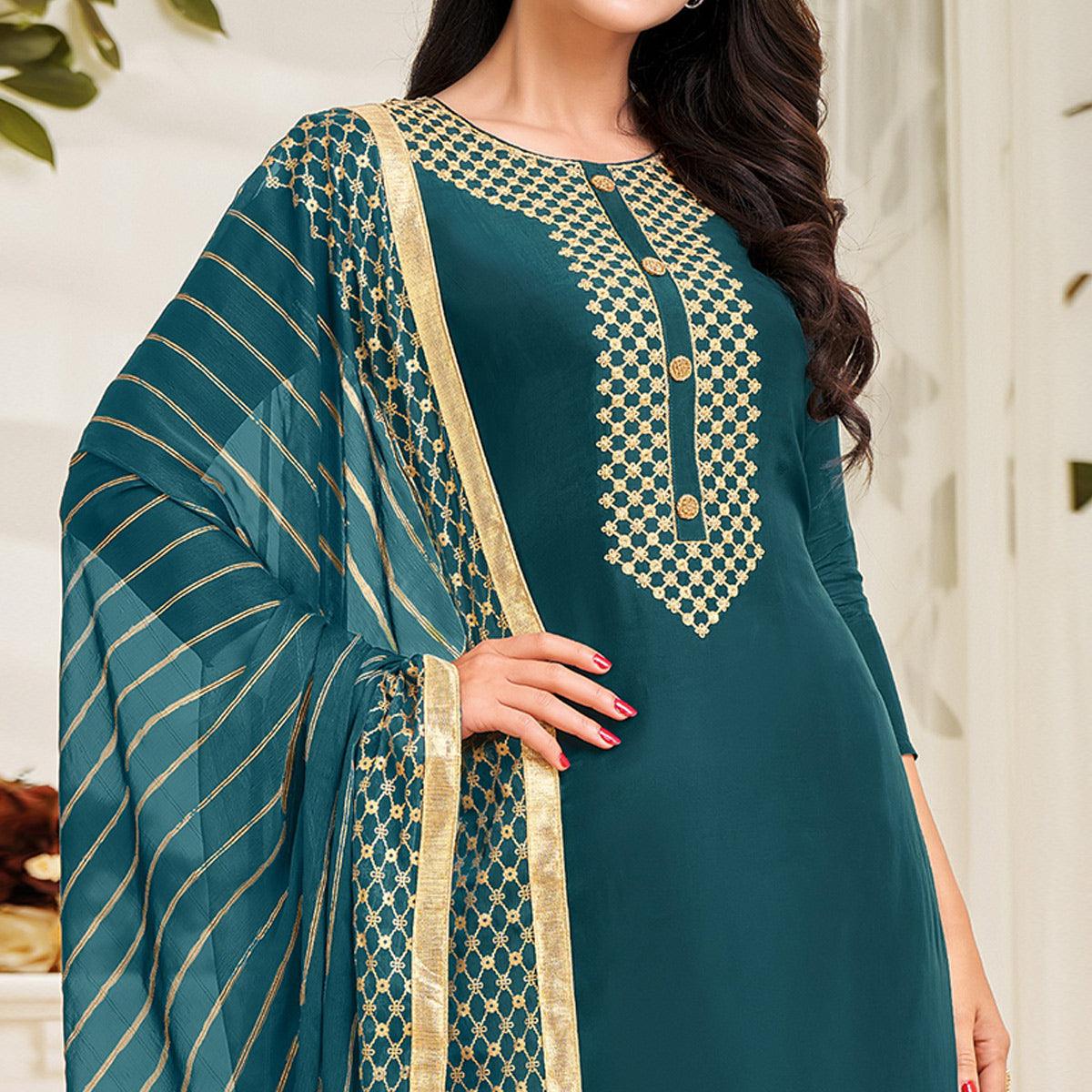 Pleasance Teal Blue Colored Casual Wear Embroidered Chanderi Dress Material - Peachmode