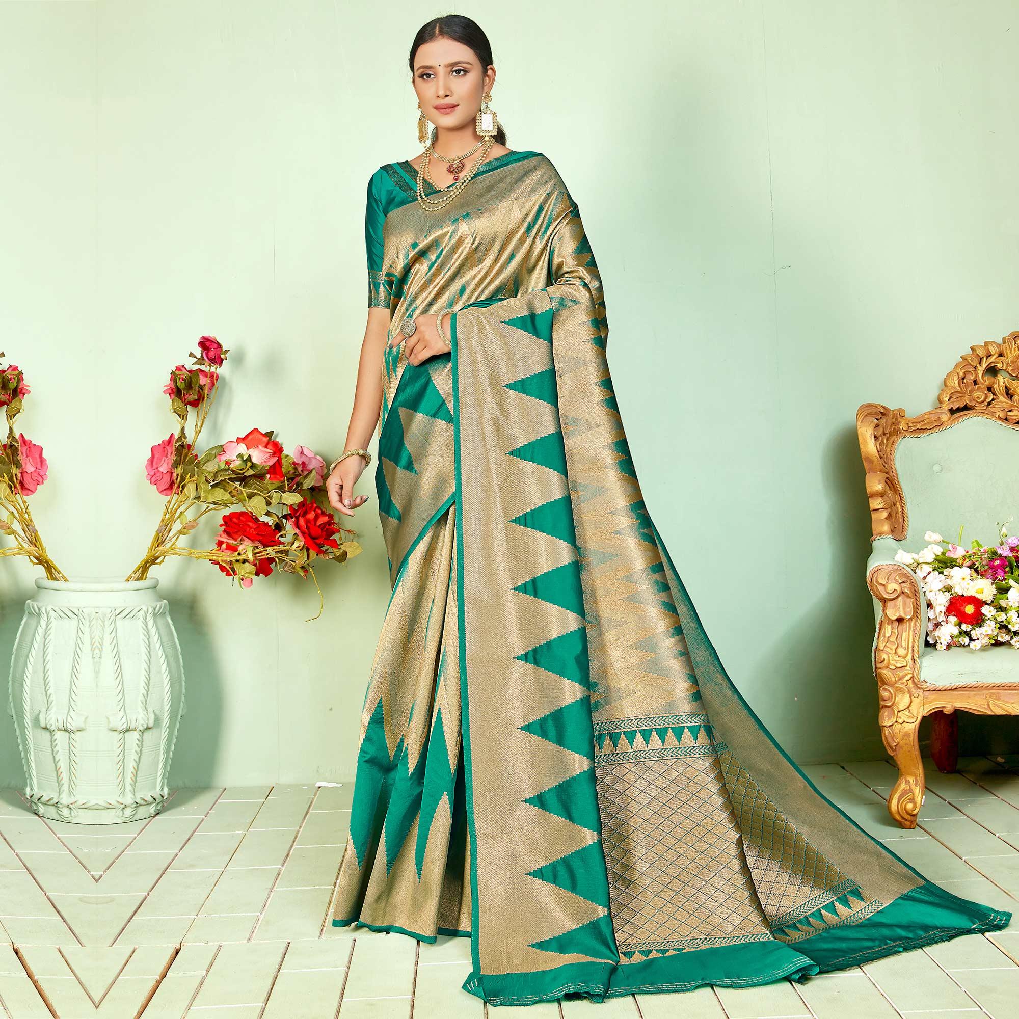 Pleasance Turquoise Blue Colored Festive Wear Woven Silk Saree - Peachmode