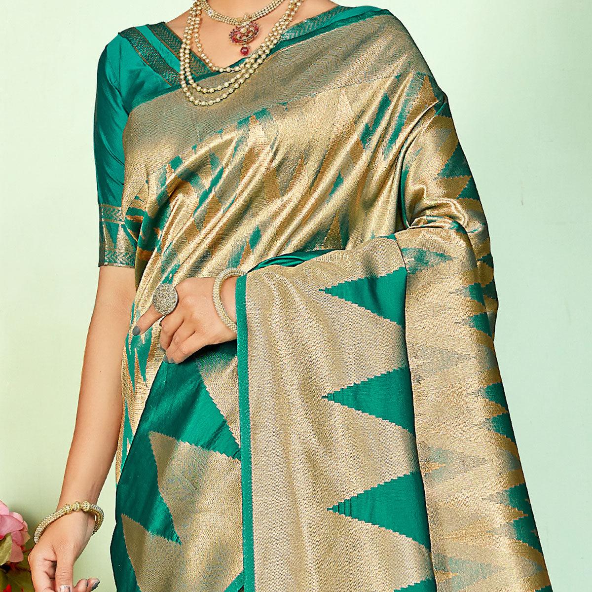 Pleasance Turquoise Blue Colored Festive Wear Woven Silk Saree - Peachmode