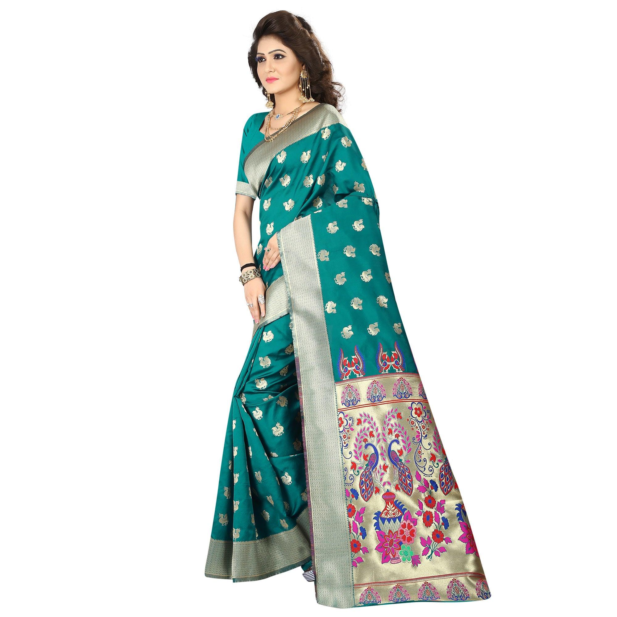 Pleasance Turquoise Green Colored Festive Wear Woven Jacquard Art Silk Saree - Peachmode