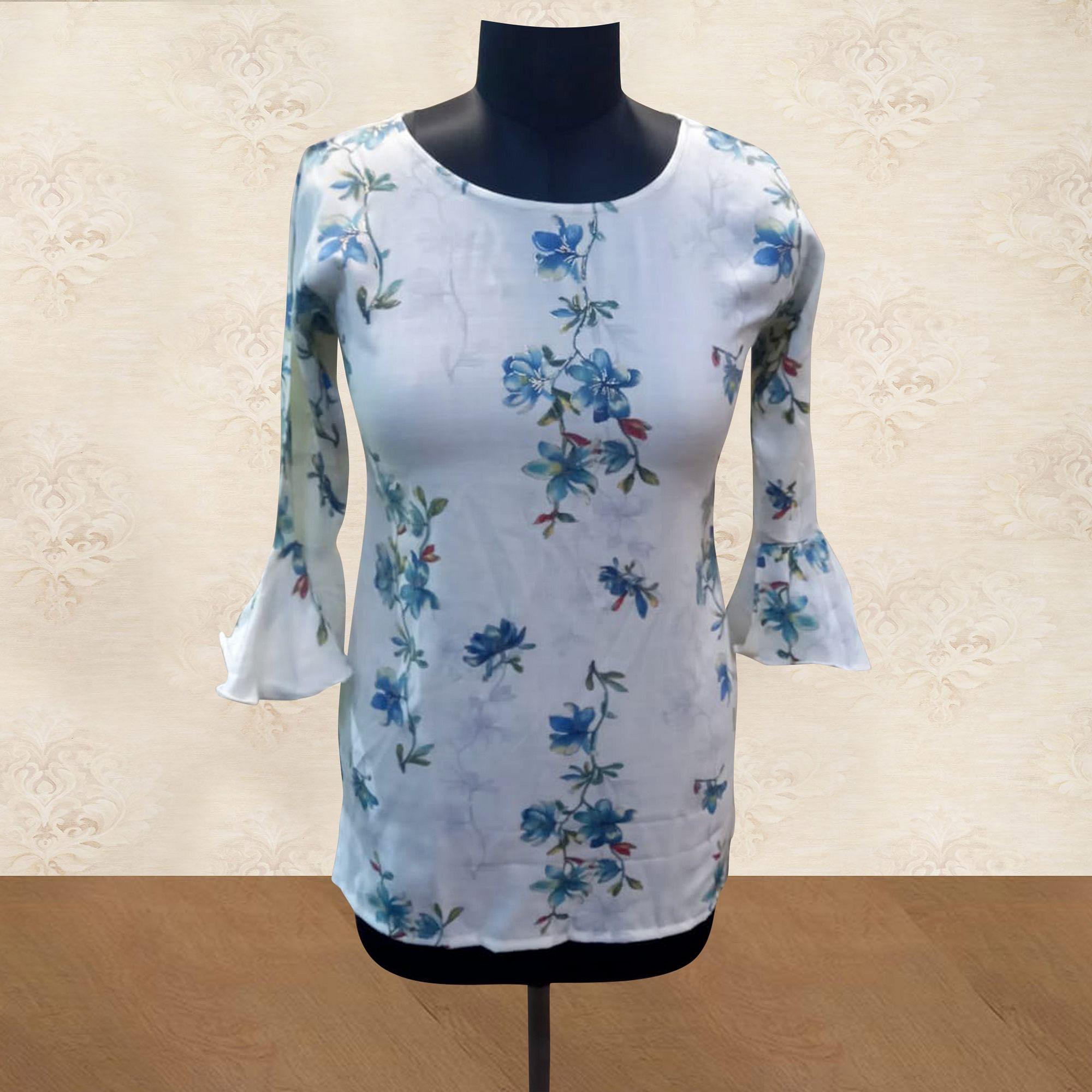 Pleasance White - Blue Colored Casual Wear Floral Printed Cotton Western Top - Peachmode
