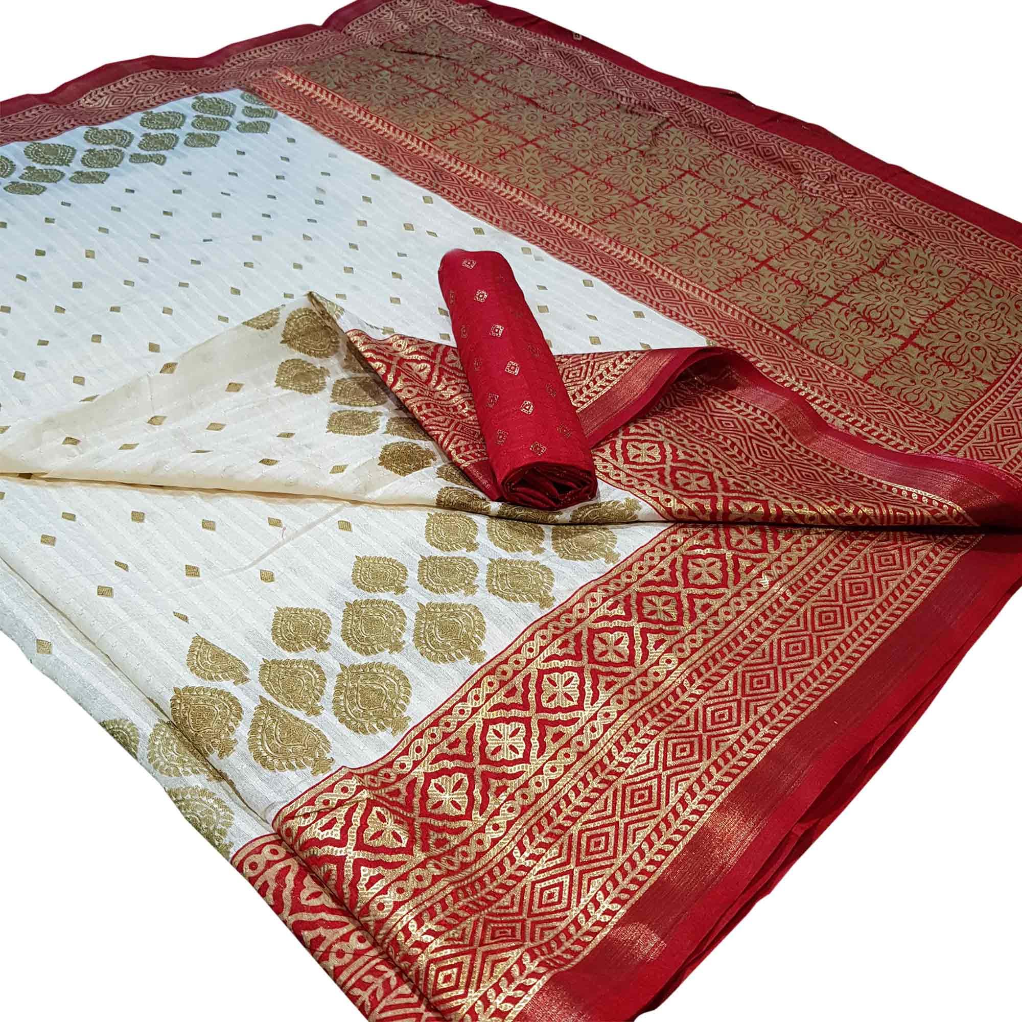 Pleasance White Colored Festive Wear Foil Printed Silk Saree - Peachmode