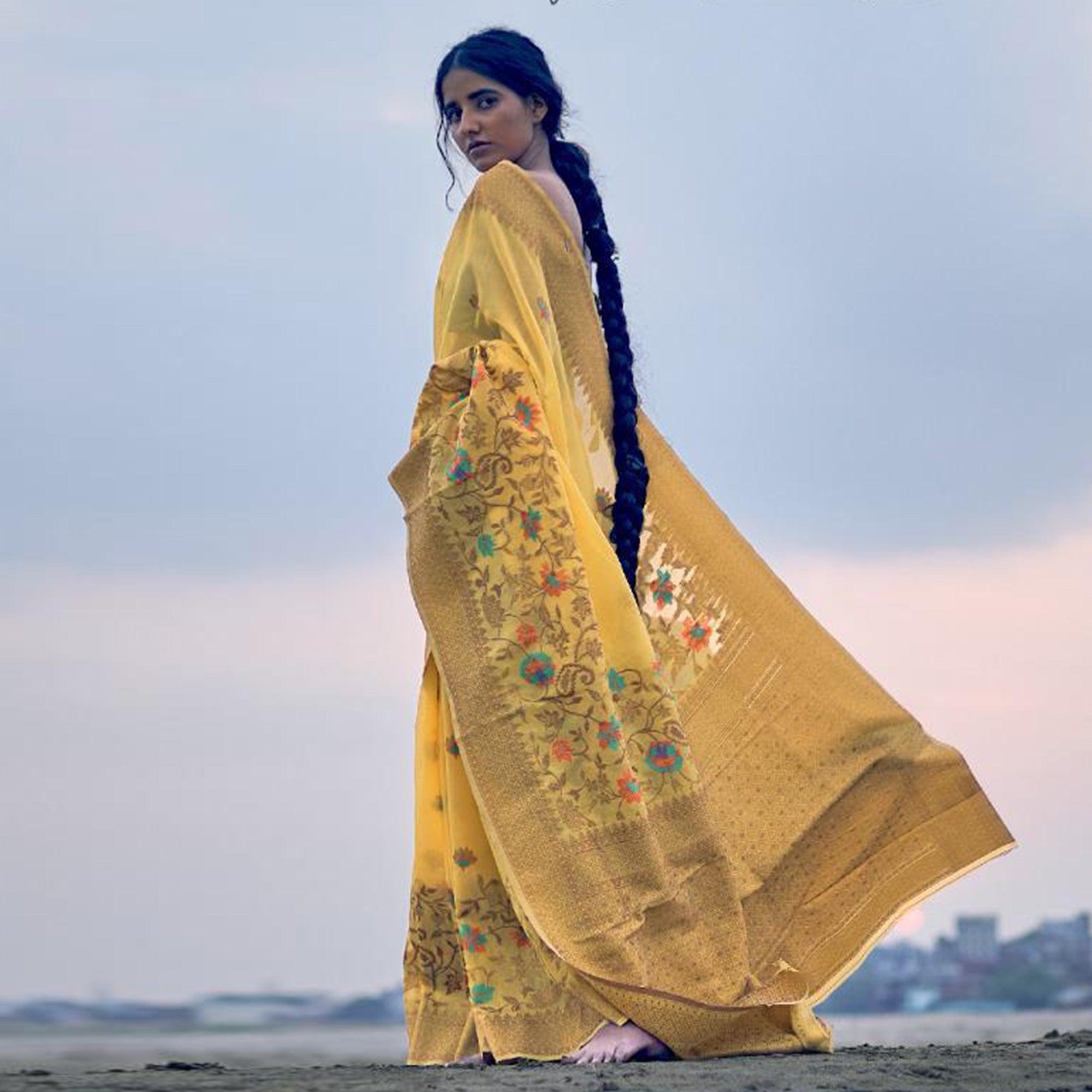 Pleasance Yellow Colored Festive Wear Woven Pure Linen Silk Saree - Peachmode