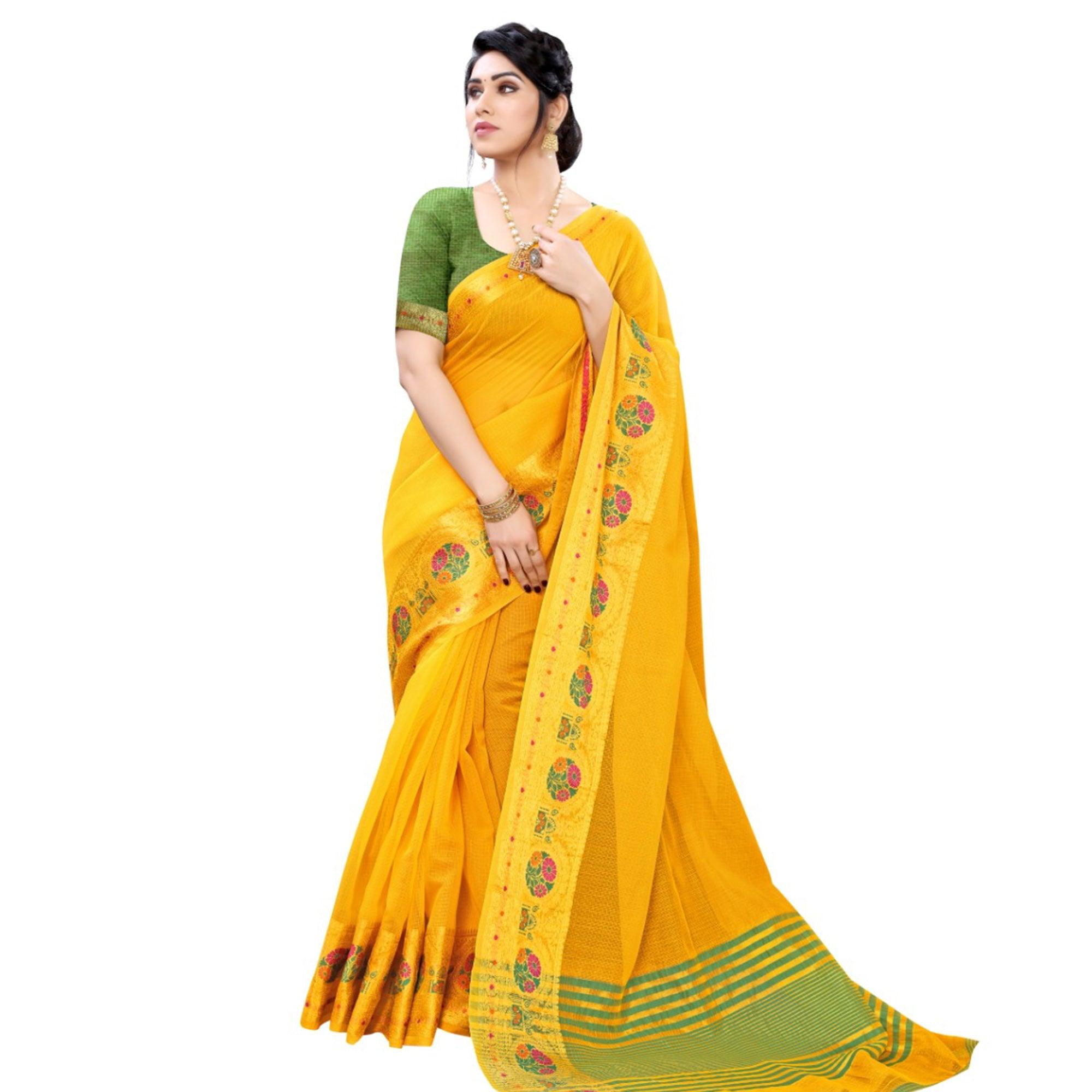 Pleasance Yellow Colored Festive Wear Woven Silk Saree - Peachmode