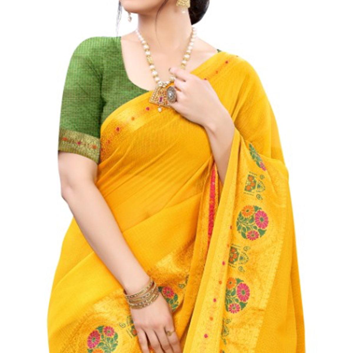 Pleasance Yellow Colored Festive Wear Woven Silk Saree - Peachmode