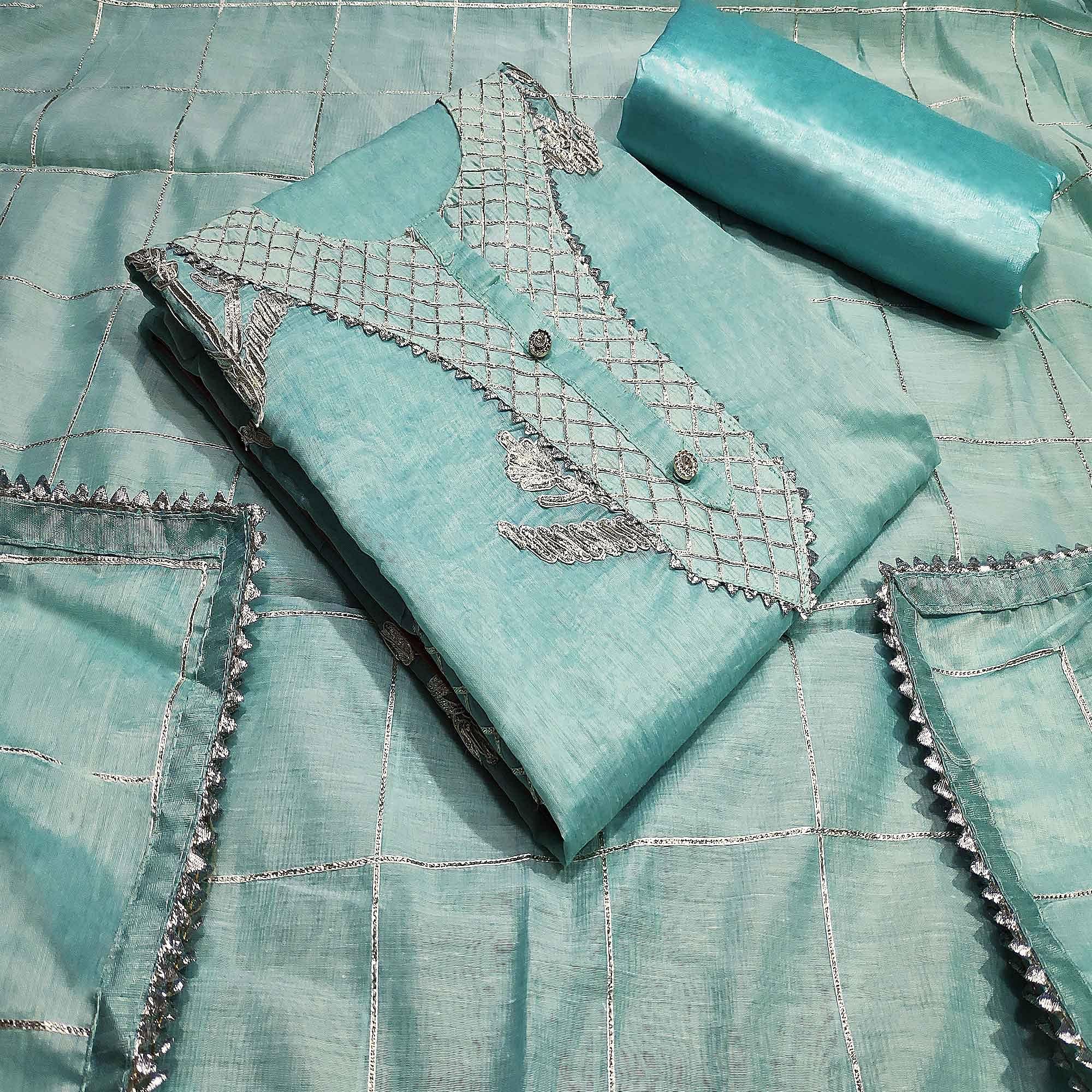 Pleasant Aqua Blue Colored Casual Wear Embroidered Silk Dress Material - Peachmode