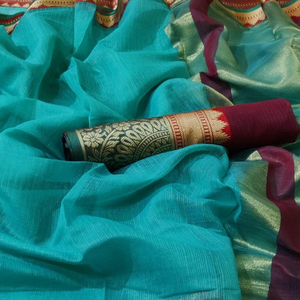 Pleasant Aqua Blue Colored Festive Wear Woven Silk Saree - Peachmode
