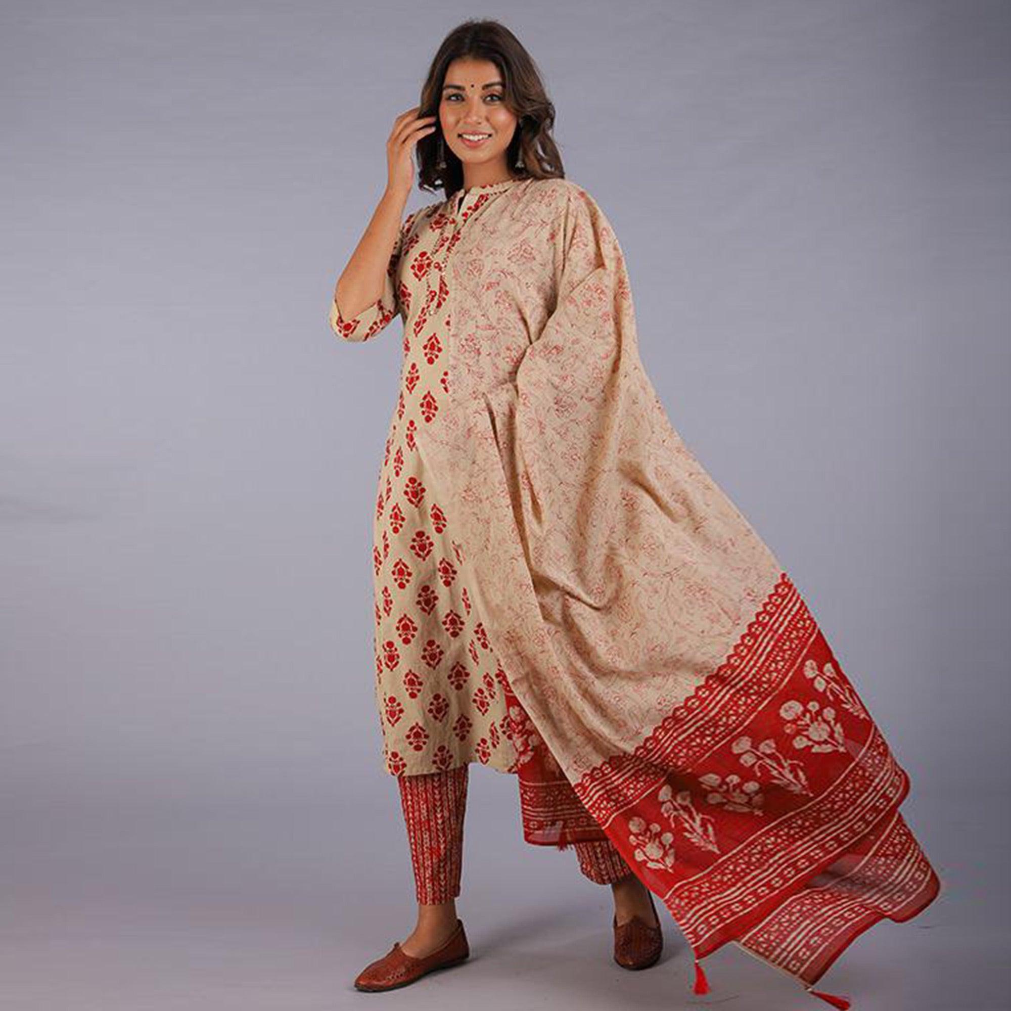 Pleasant Beige Colored Casual Wear Printed Cotton Kurti - Pant Set With Dupatta - Peachmode