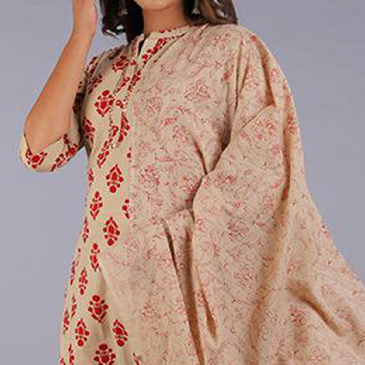 Pleasant Beige Colored Casual Wear Printed Cotton Kurti - Pant Set With Dupatta - Peachmode