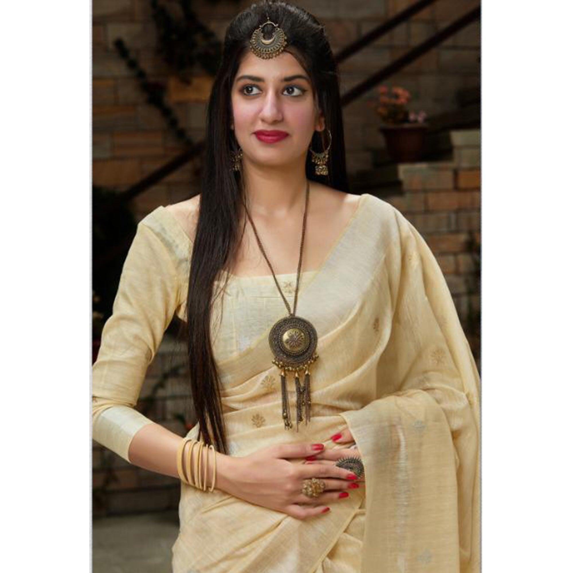 Pleasant Beige Colored Festive Wear Woven Silk Saree - Peachmode