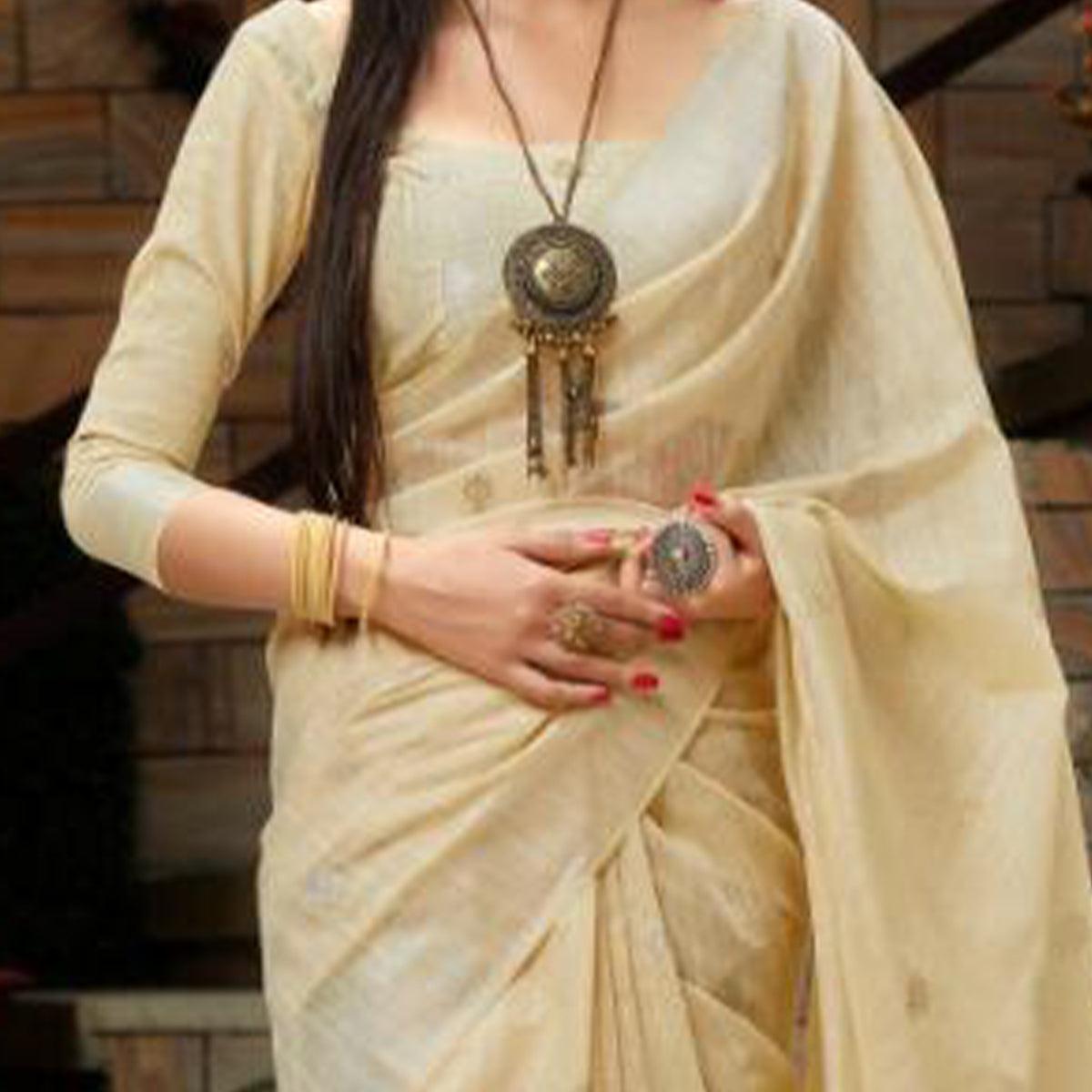 Pleasant Beige Colored Festive Wear Woven Silk Saree - Peachmode