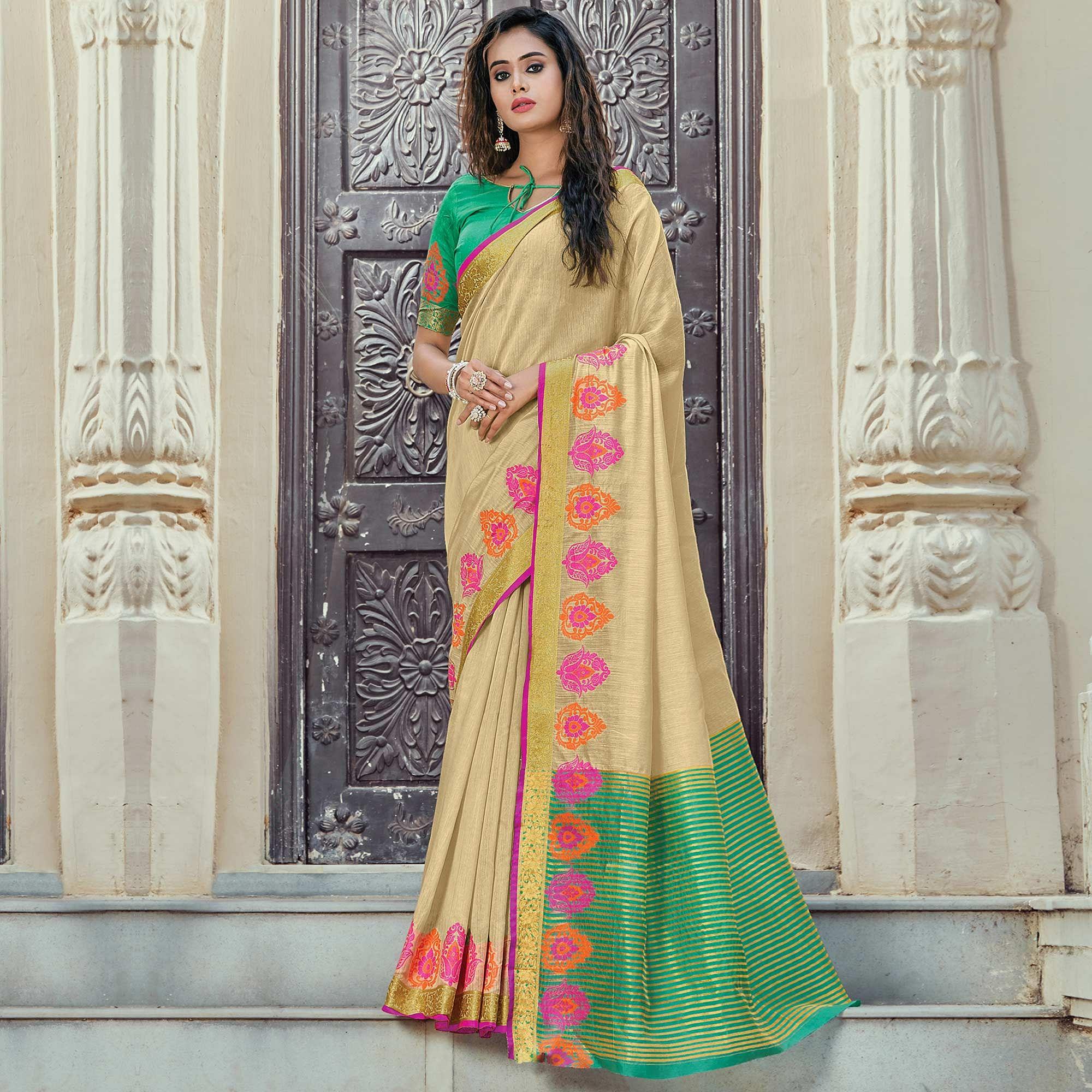 Pleasant Beige Coloured Casual Wear Woven Cotton Handloom Saree - Peachmode
