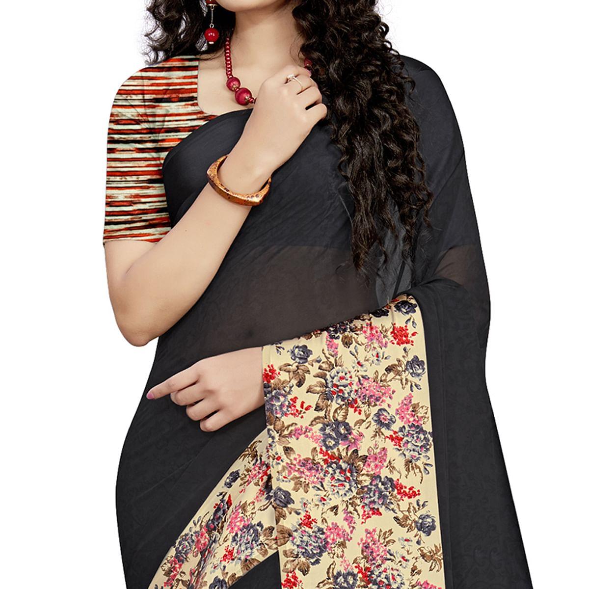 Pleasant Black Colored Casual Wear Printed Georgette Saree - Peachmode