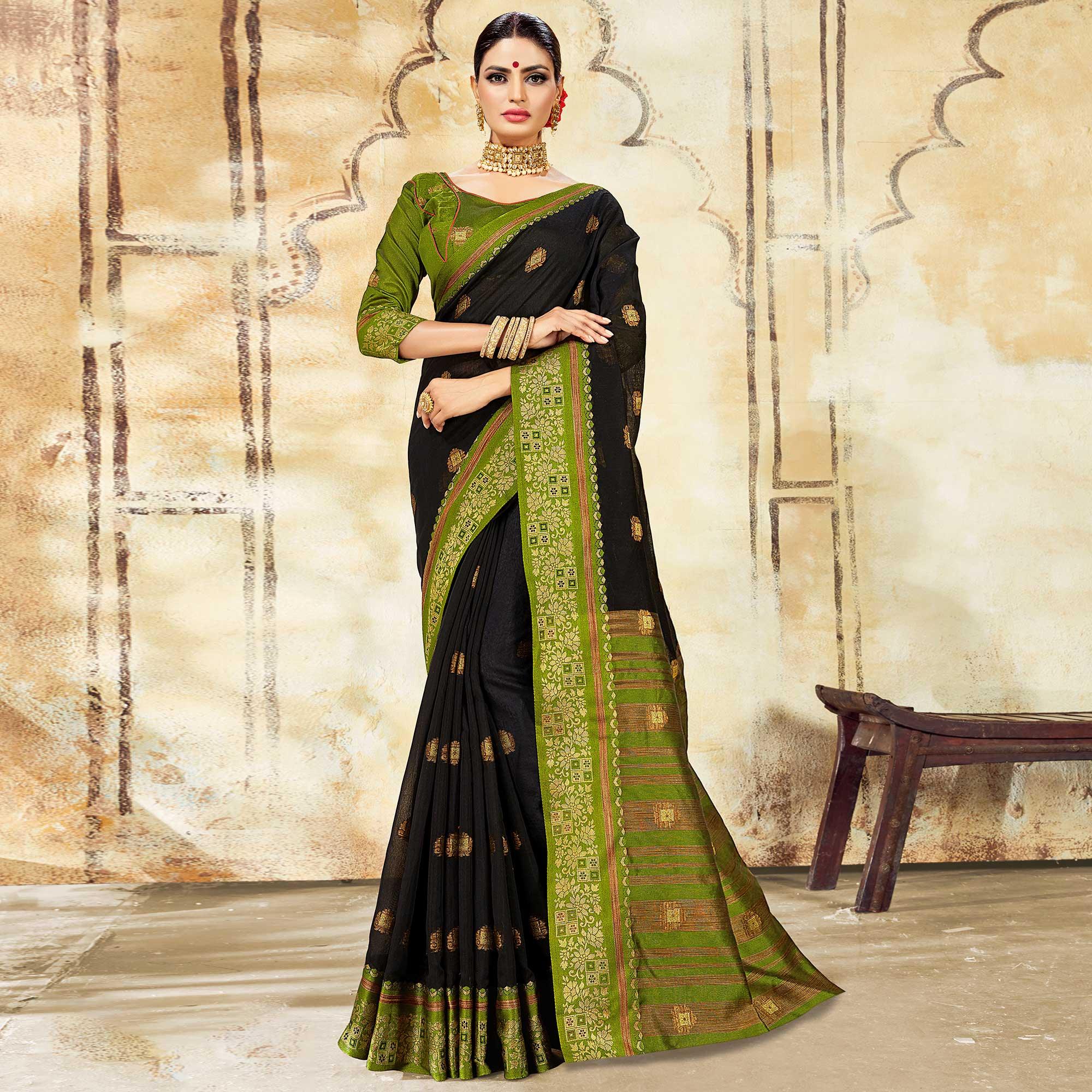 Pleasant Black Colored Festive Wear Woven Cotton Saree - Peachmode