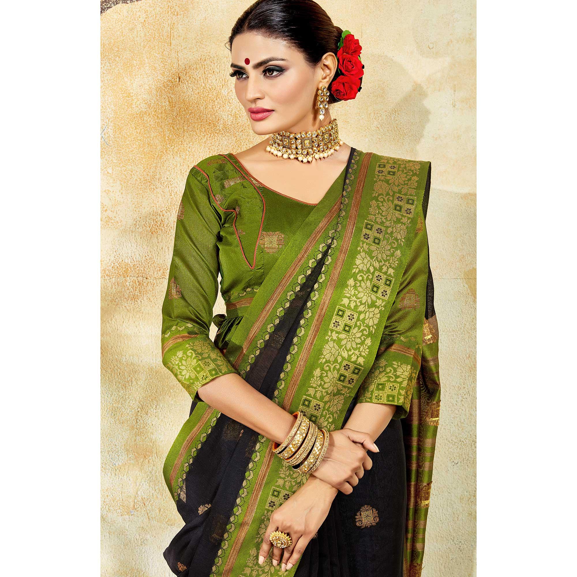 Pleasant Black Colored Festive Wear Woven Cotton Saree - Peachmode