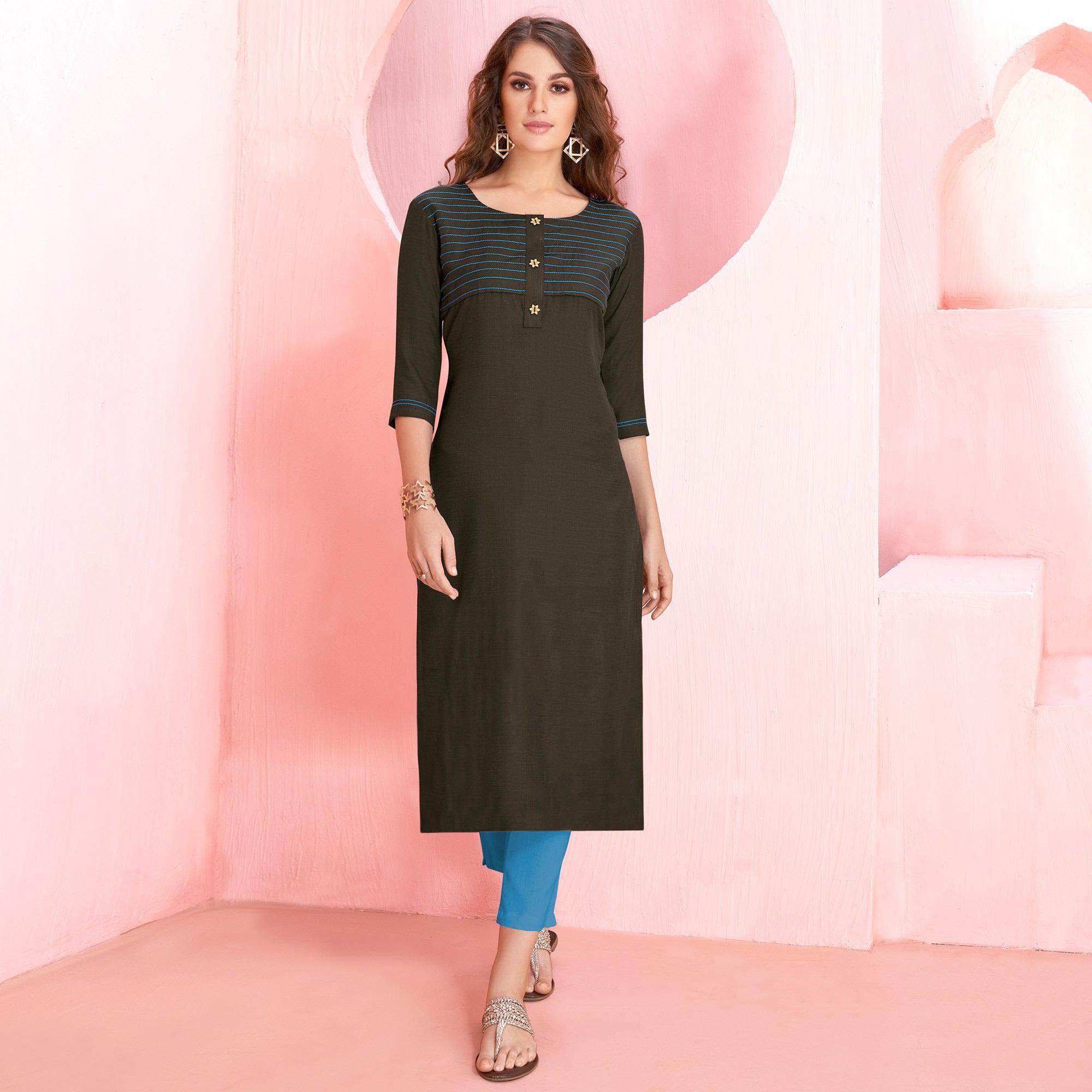 Pleasant Blackish Gray Colored Casual Wear Rayon Kurti - Peachmode