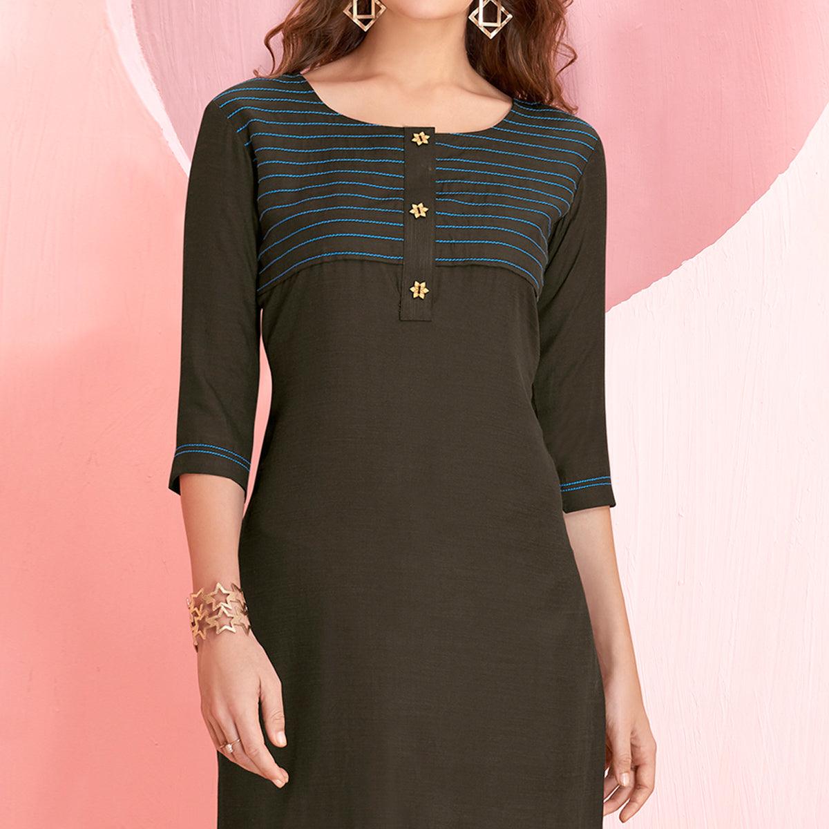 Pleasant Blackish Gray Colored Casual Wear Rayon Kurti - Peachmode
