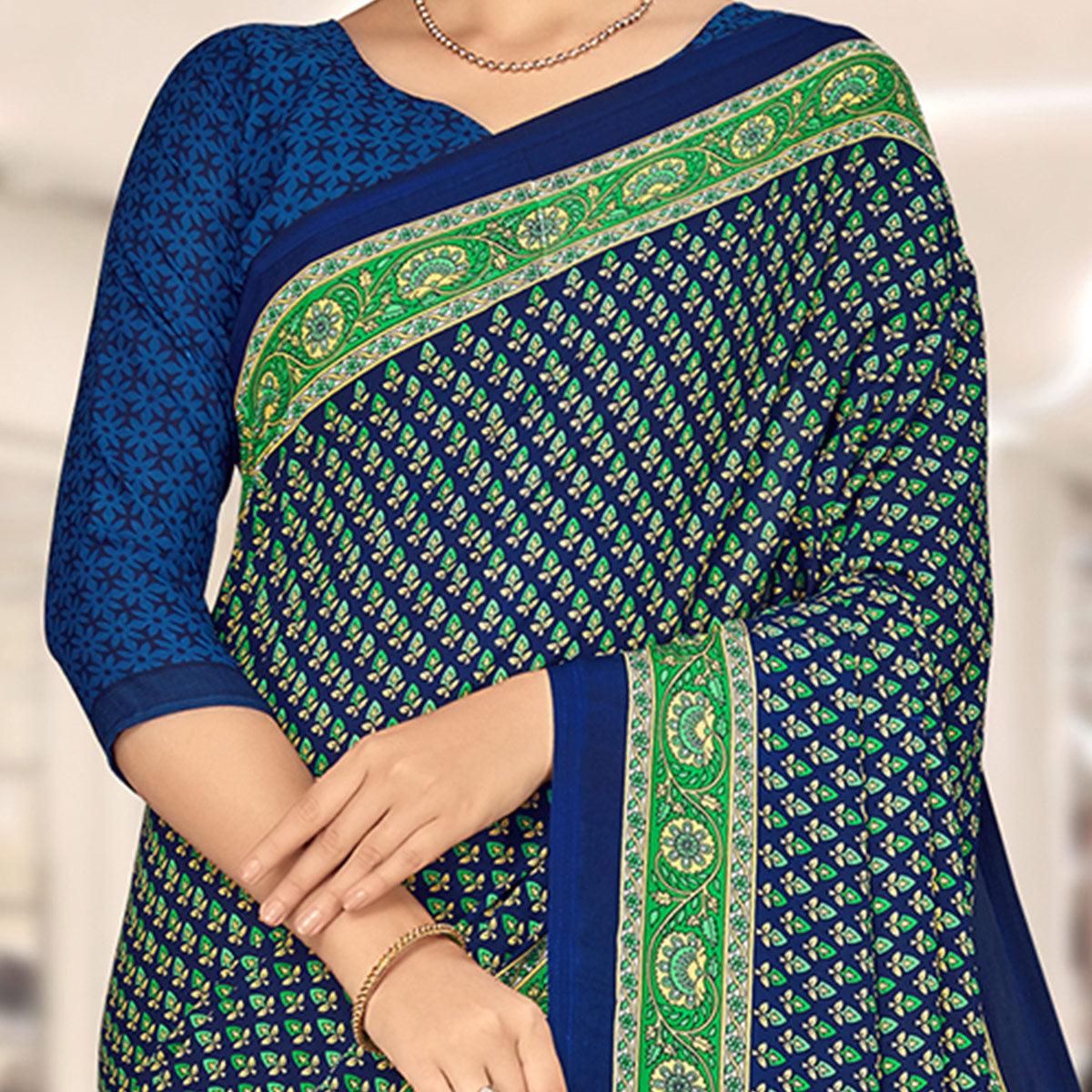 Pleasant Blue & Green Coloured Casual Wear Printed Crepe Saree - Peachmode