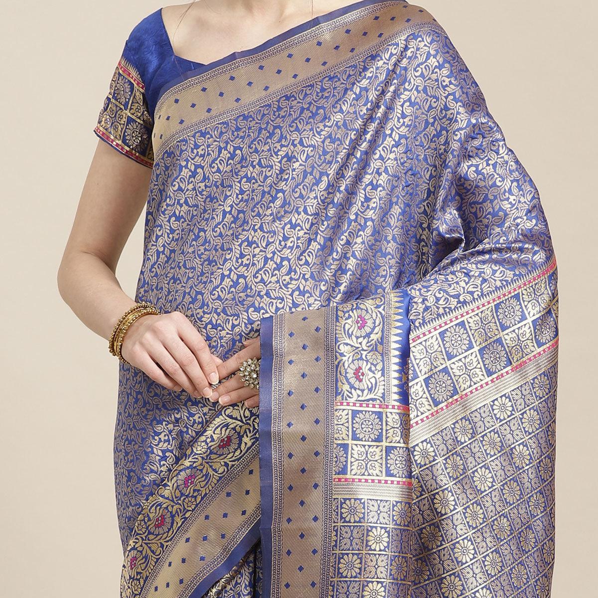 Pleasant Blue Colored Festive Wear Woven Silk Blend Saree - Peachmode