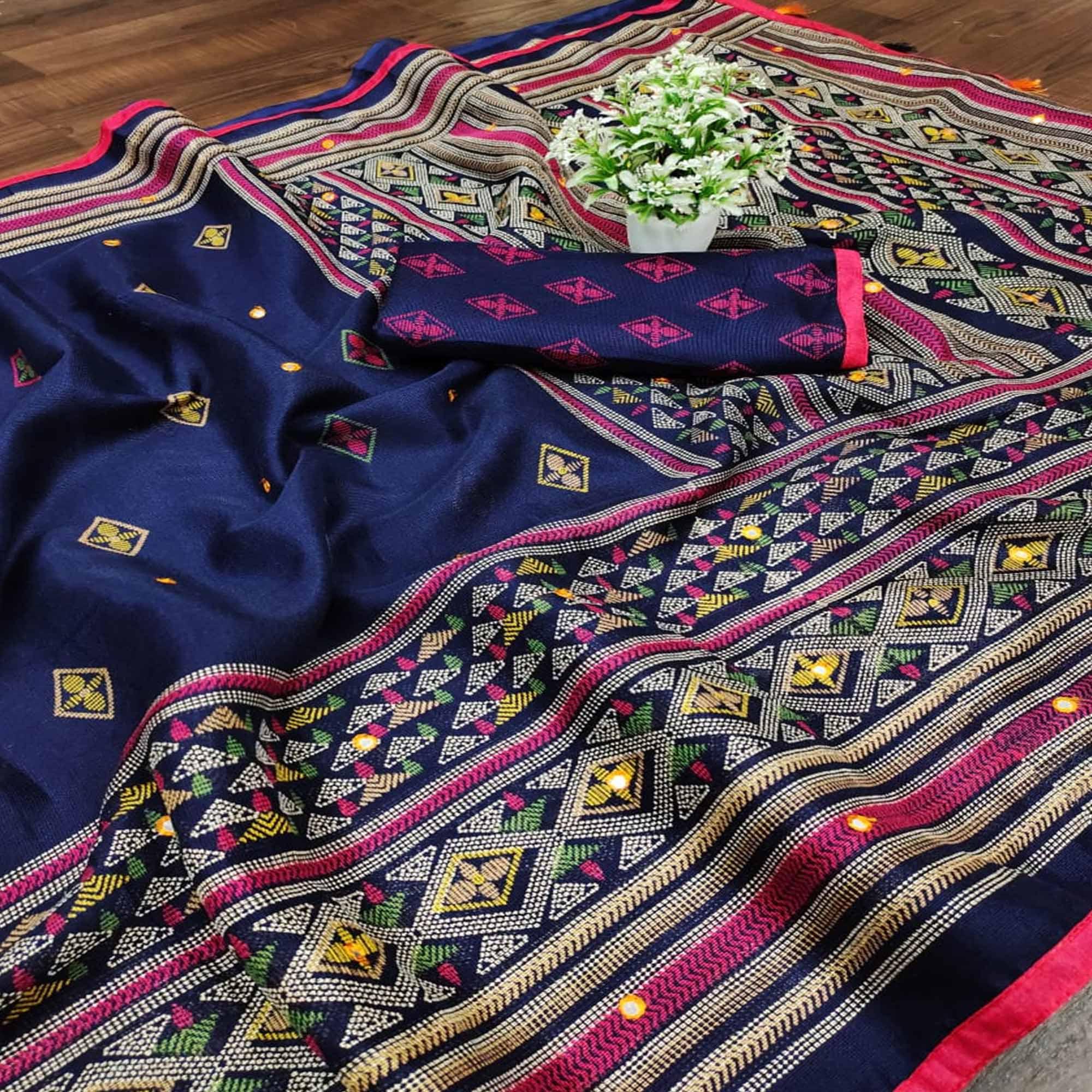 Pleasant Blue Coloured Casual Wear Printed Cotton Jute Saree - Peachmode