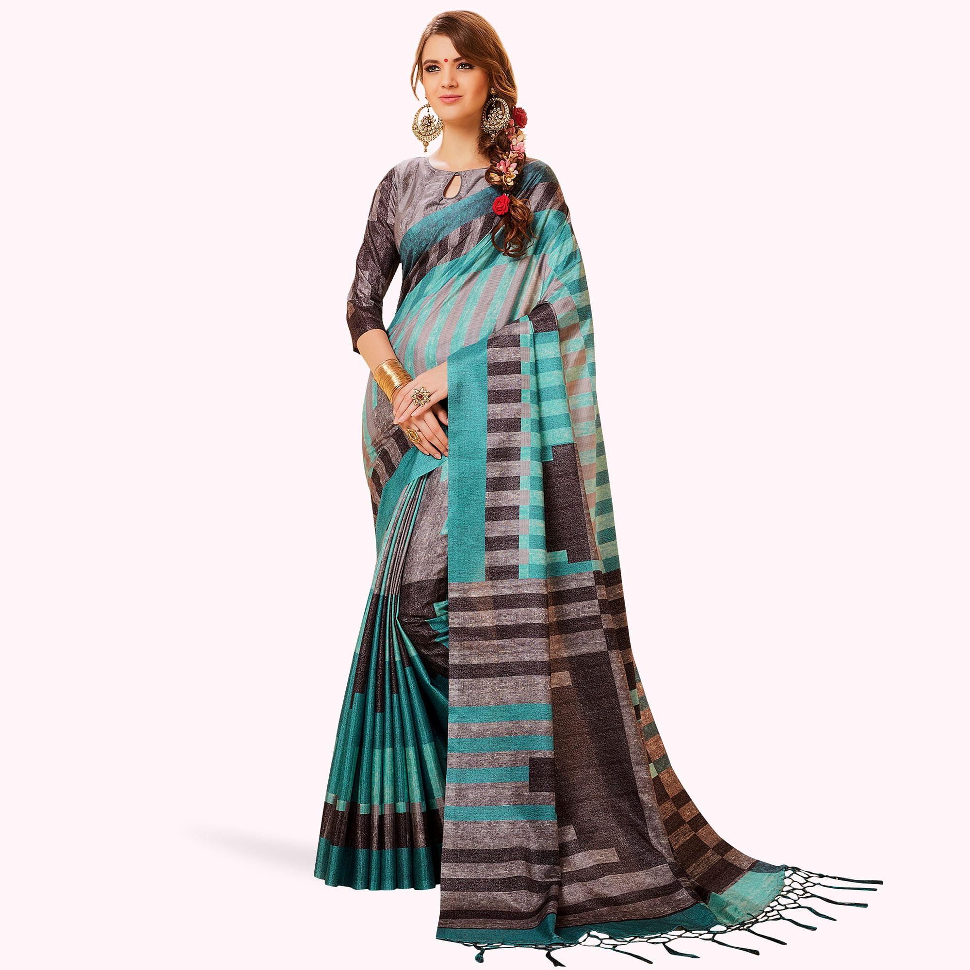 Pleasant Blue-Gray Colored Festive Wear Printed Manipuri Silk Saree - Peachmode