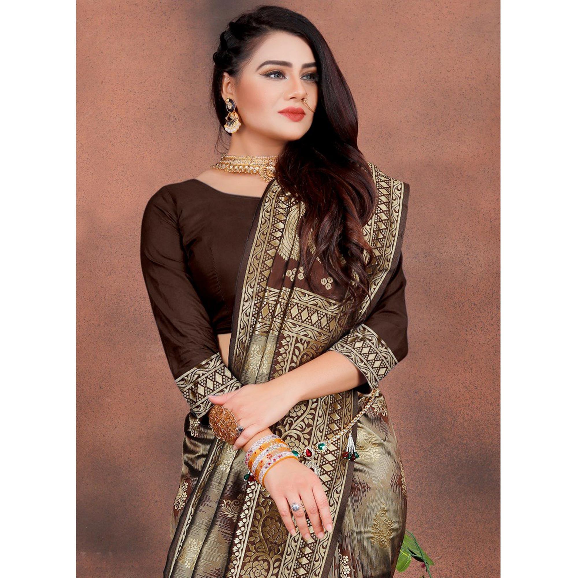 Pleasant Brown Colored Festive Wear Woven Silk Saree - Peachmode