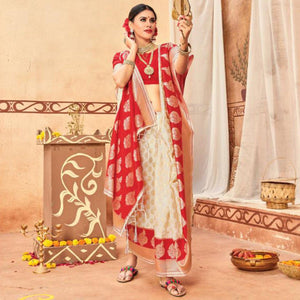 Pleasant Cream & Red Colored Festive Wear Woven Silk Blend Saree With Tassels - Peachmode