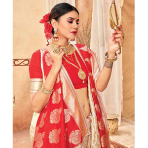 Pleasant Cream & Red Colored Festive Wear Woven Silk Blend Saree With Tassels - Peachmode