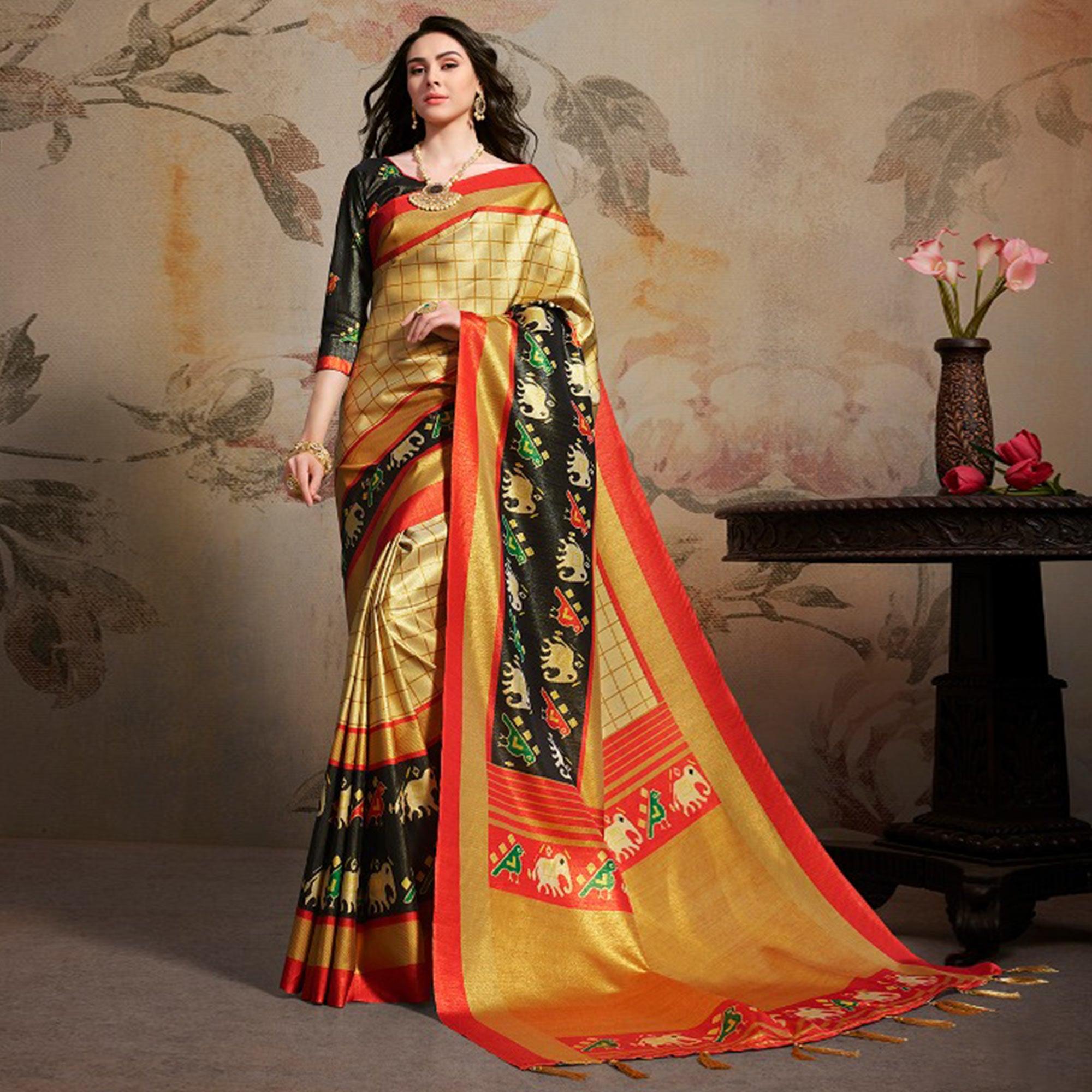 Pleasant Cream Colored Festive Wear Printed Silk Blend Saree With Tassels - Peachmode