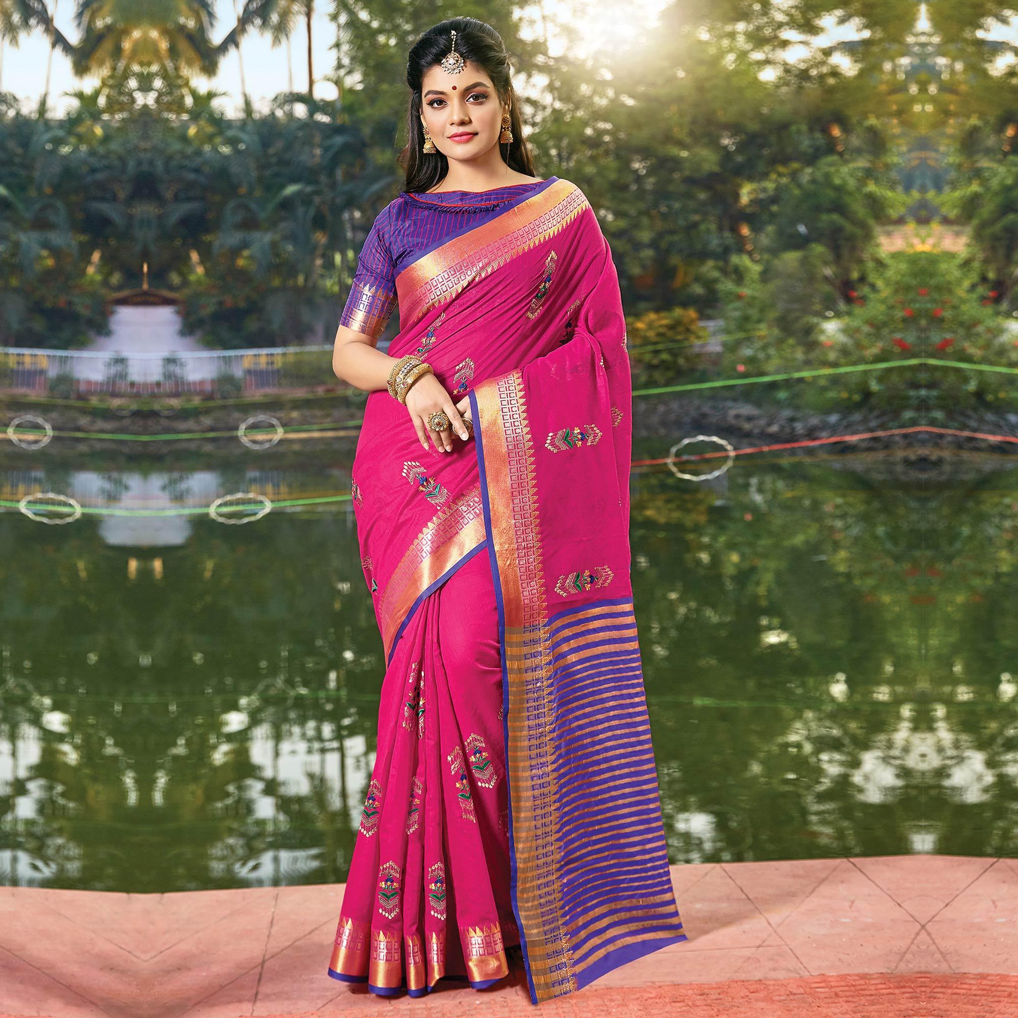 Pleasant Dark Pink Colored Festive Wear Woven Cotton Silk Saree - Peachmode