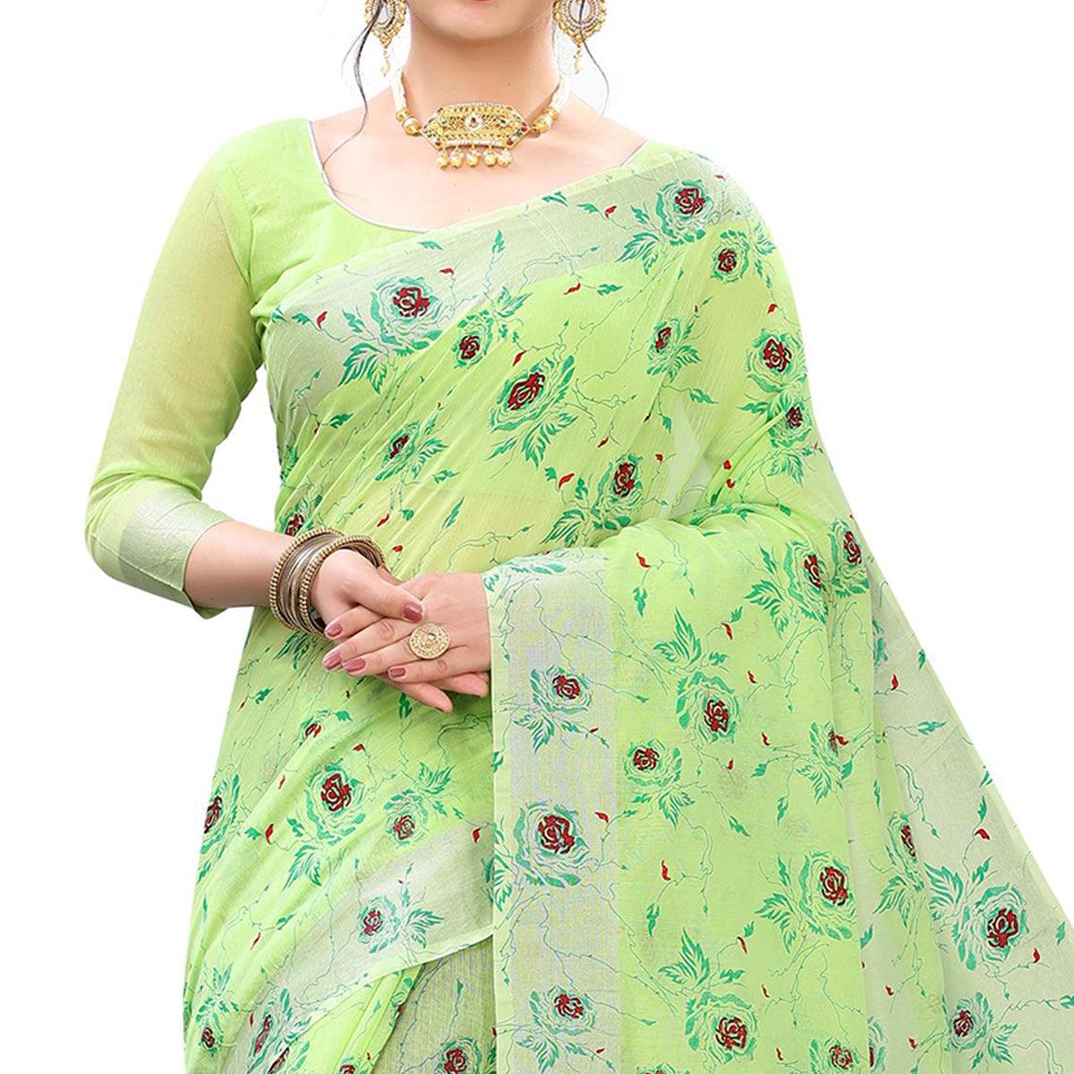 Pleasant Green Colored Casual Wear Printed Cotton Linen Saree - Peachmode
