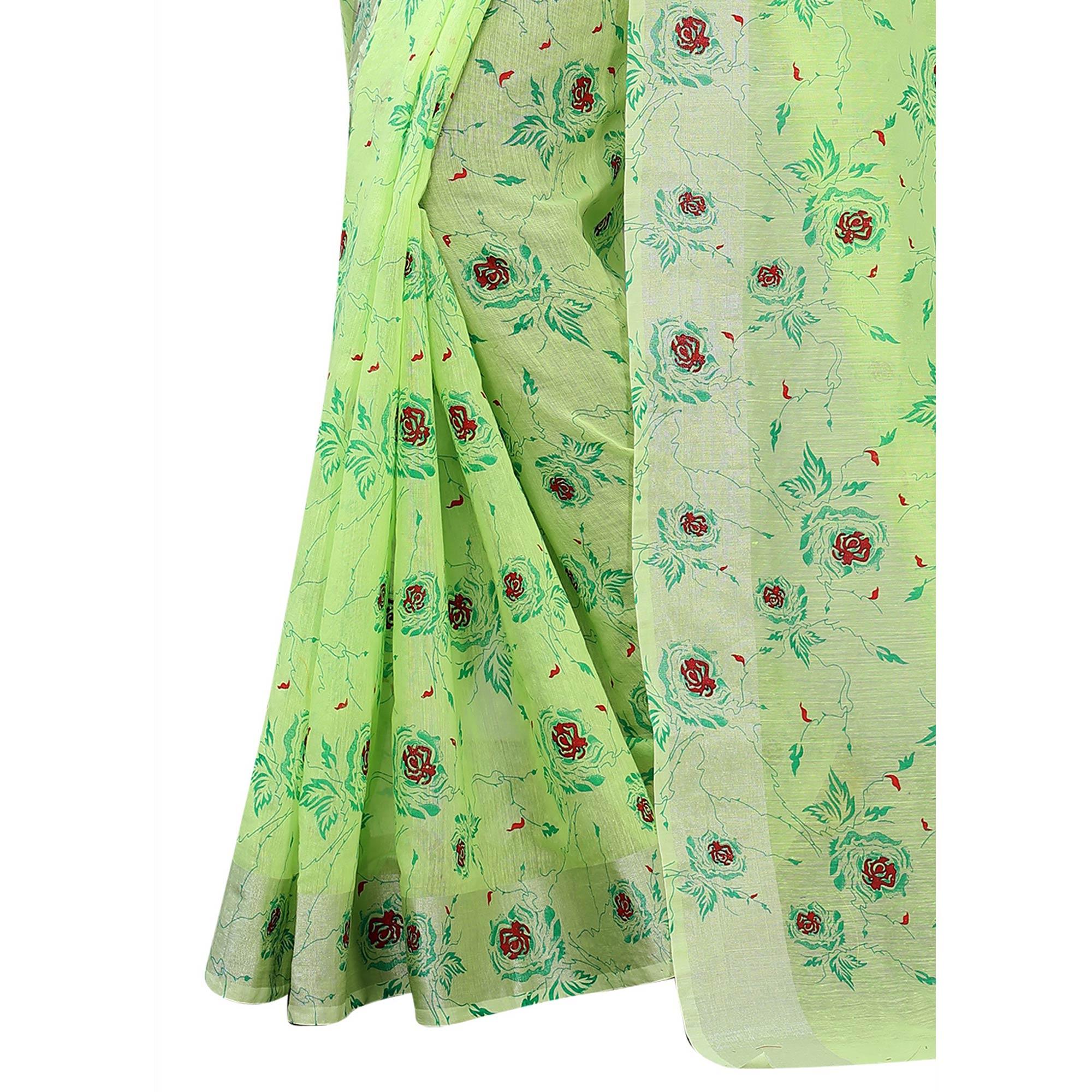 Pleasant Green Colored Casual Wear Printed Cotton Linen Saree - Peachmode