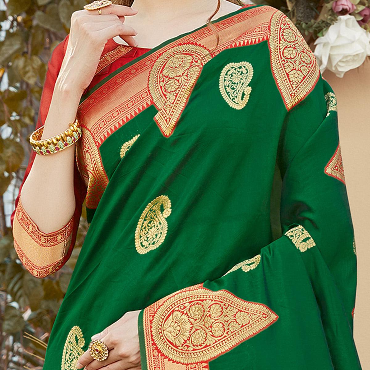 Pleasant Green Colored Festive Wear Woven Silk Saree - Peachmode