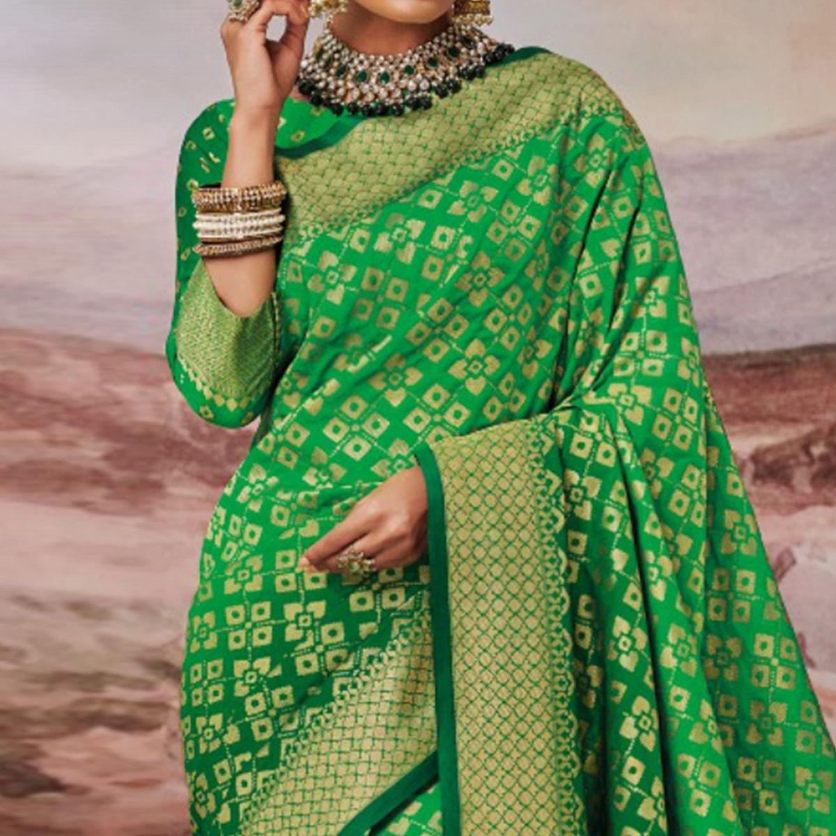 Pleasant Green Colored Festive Wear Woven Silk Soft Saree - Peachmode