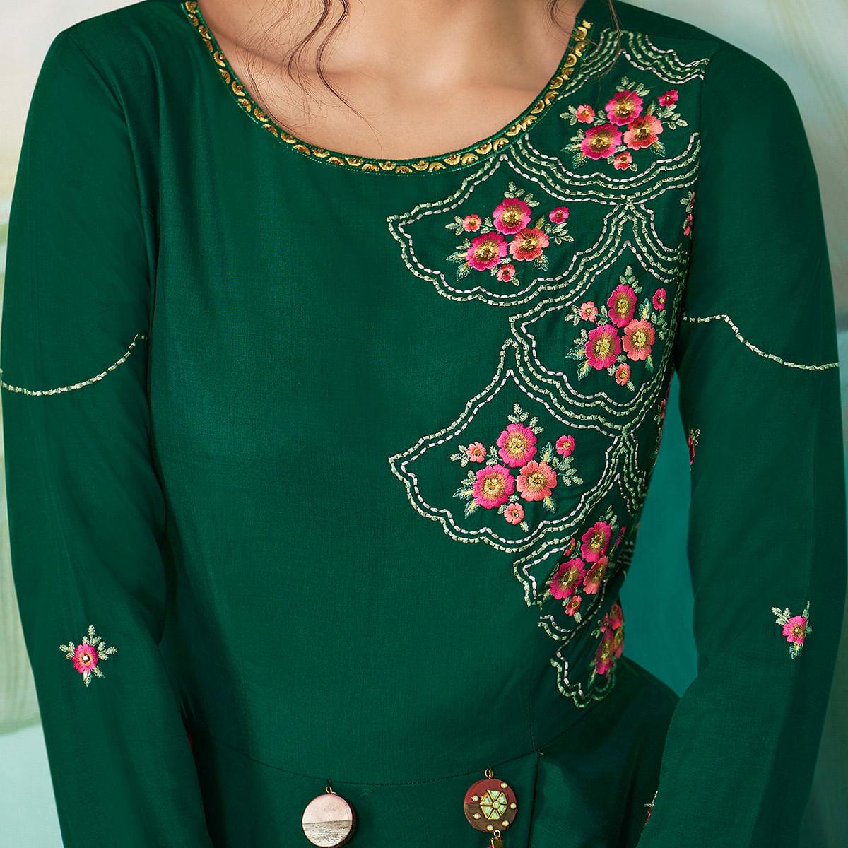 Pleasant Green Colored Party Wear Floral Embroidered Muslin Cotton Kurti-Palazzo Set With Dupatta - Peachmode