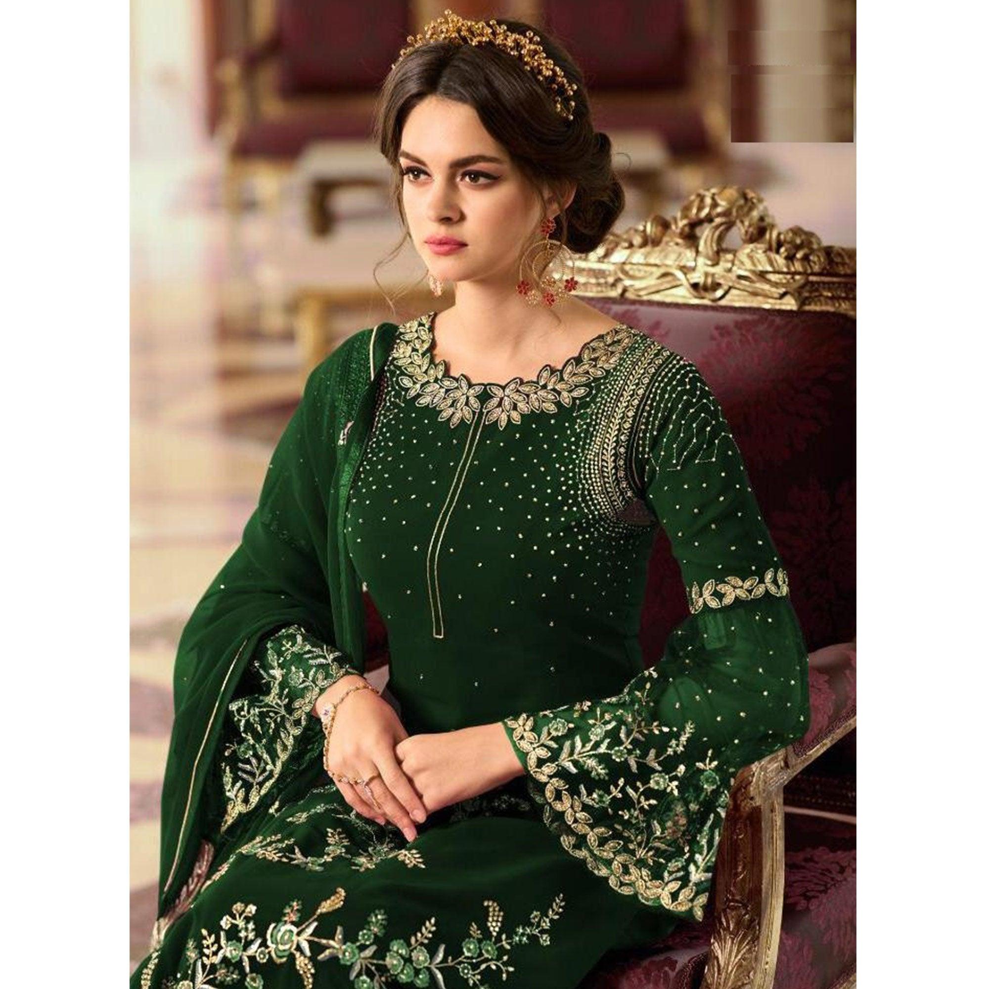 Pleasant Green Colored Partywear Embroidered Georgette Palazzo Suit - Peachmode