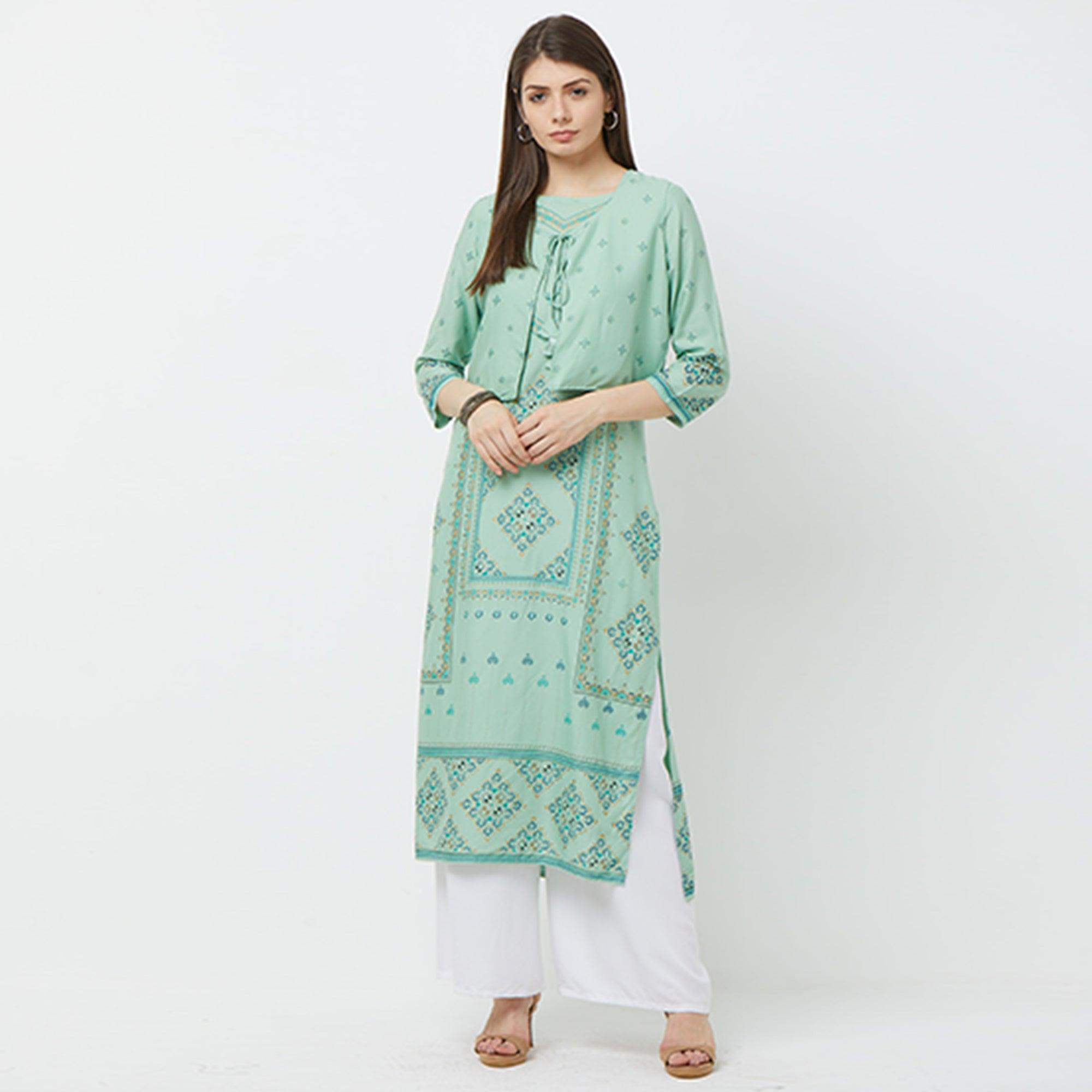 Pleasant Green Colored Partywear Printed Cotton Kurti With Koti - Peachmode