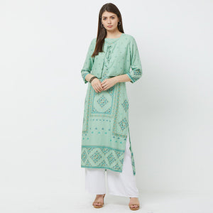 Pleasant Green Colored Partywear Printed Cotton Kurti With Koti - Peachmode