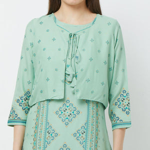 Pleasant Green Colored Partywear Printed Cotton Kurti With Koti - Peachmode
