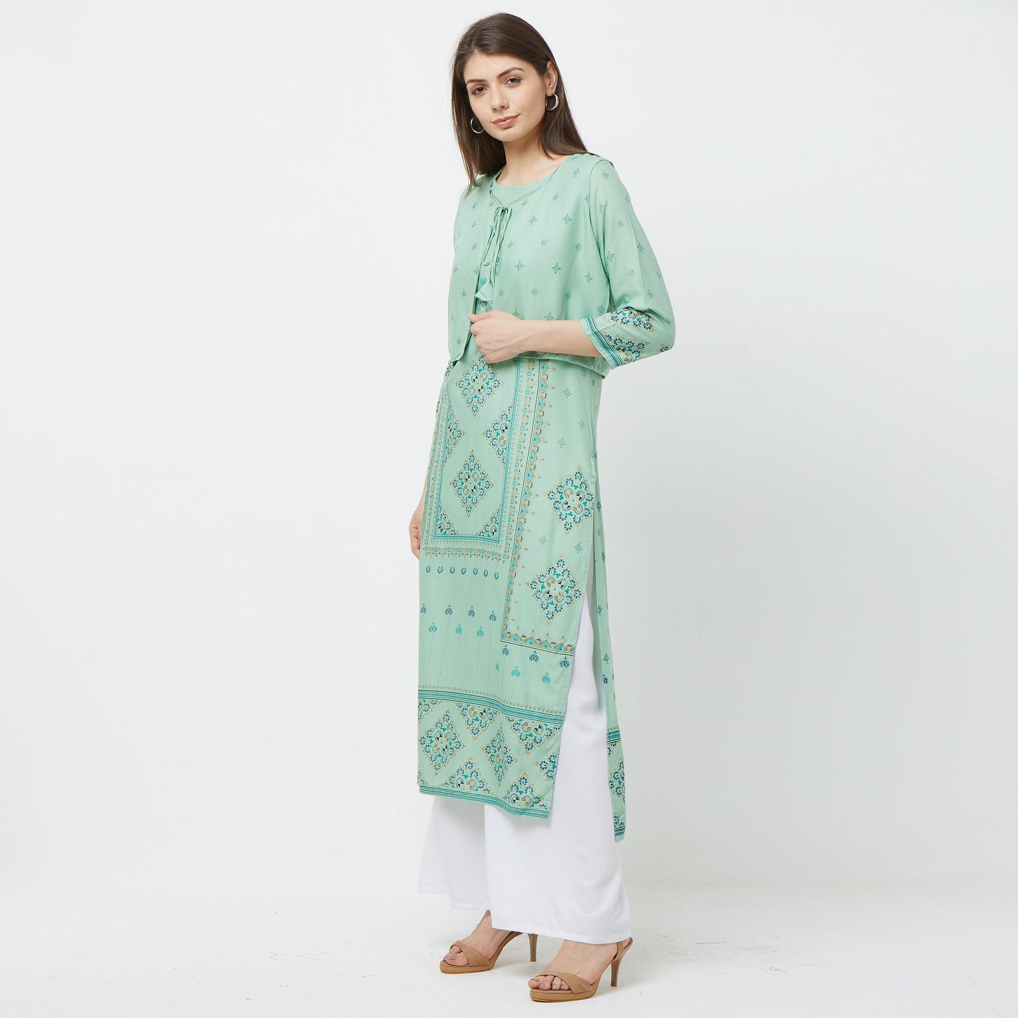 Pleasant Green Colored Partywear Printed Cotton Kurti With Koti - Peachmode