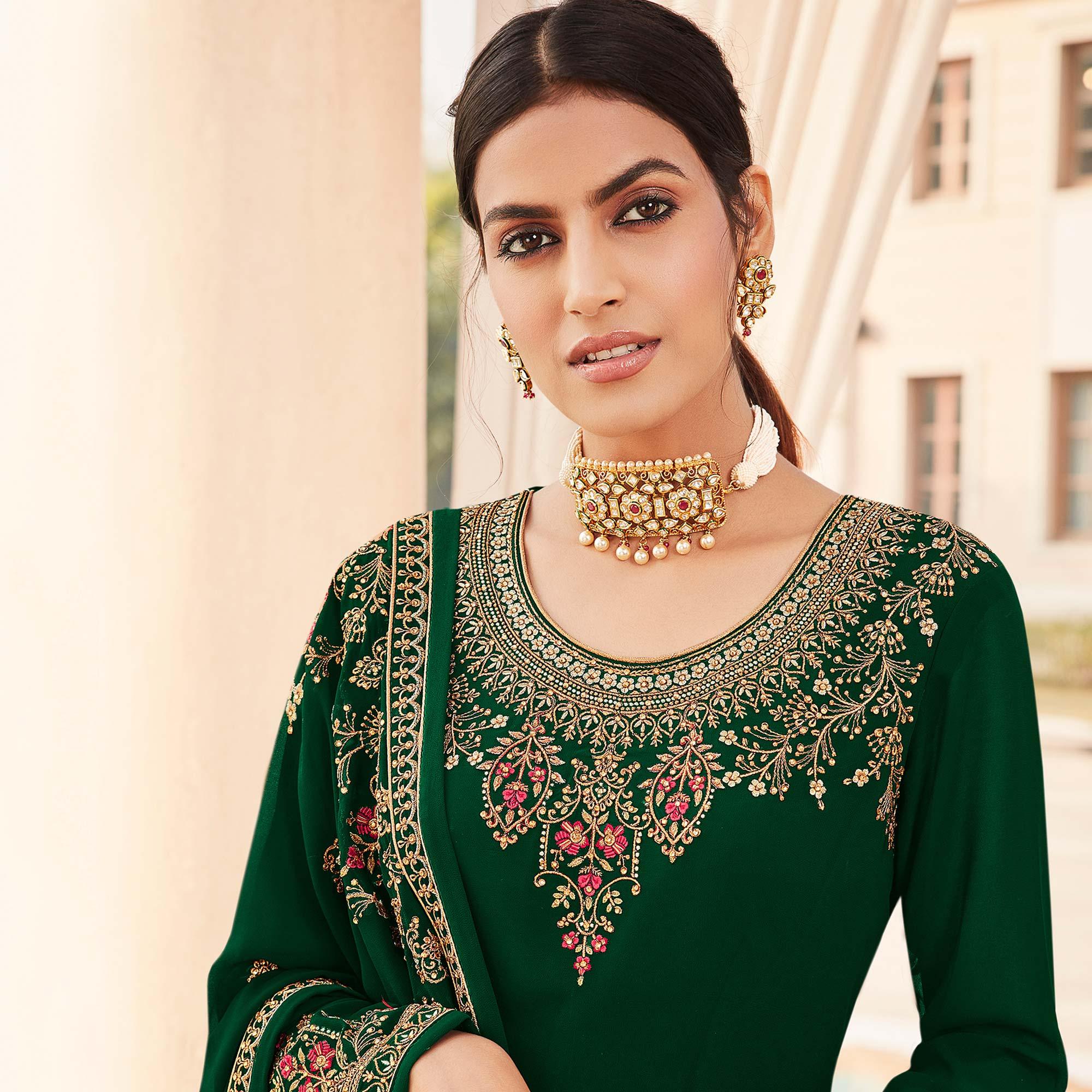 Pleasant Green Coloured Party Wear Embroidered Stone Work Faux Georgette Salwar Suit - Peachmode