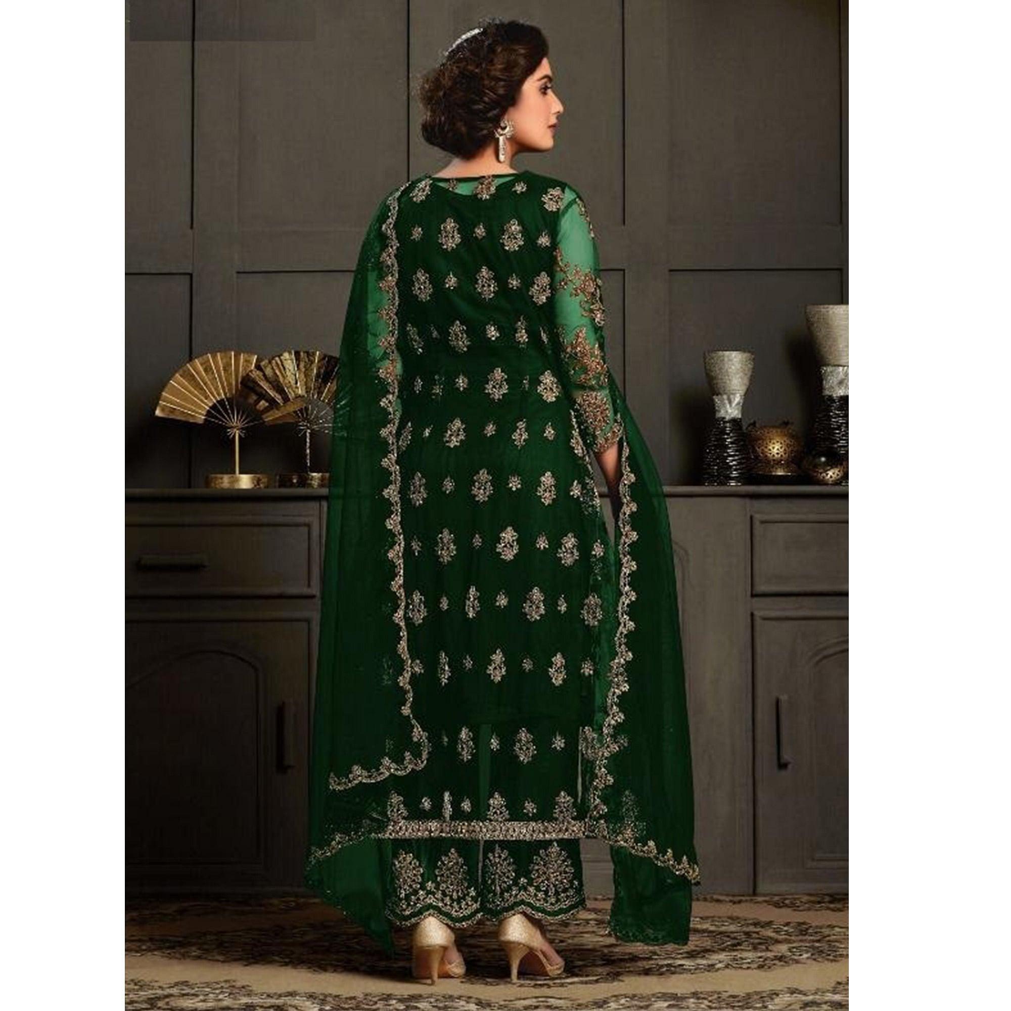 Pleasant Green Coloured Party Wear Floral Embroidered Butterfly Net Pakistani Straight Suit - Peachmode